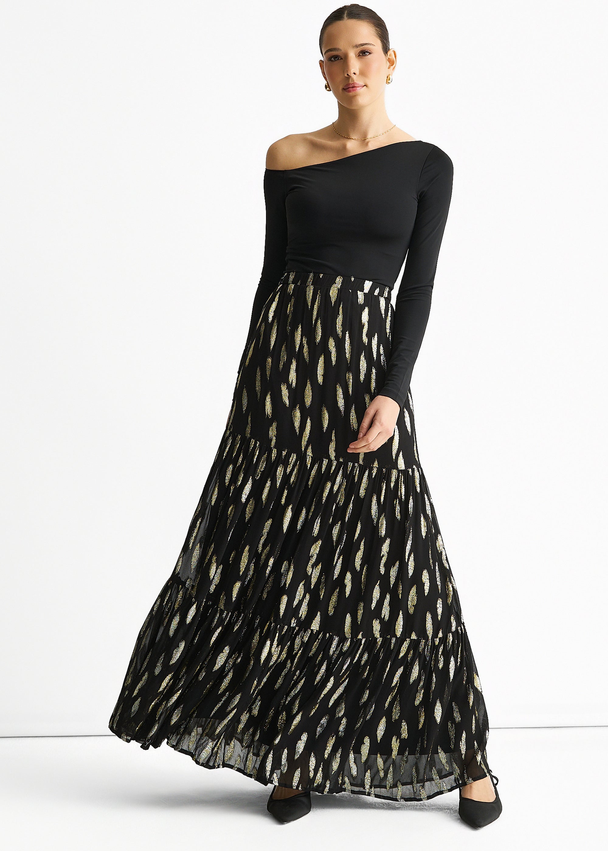 Black Clipped Jacquard Tiered Maxi Skirt