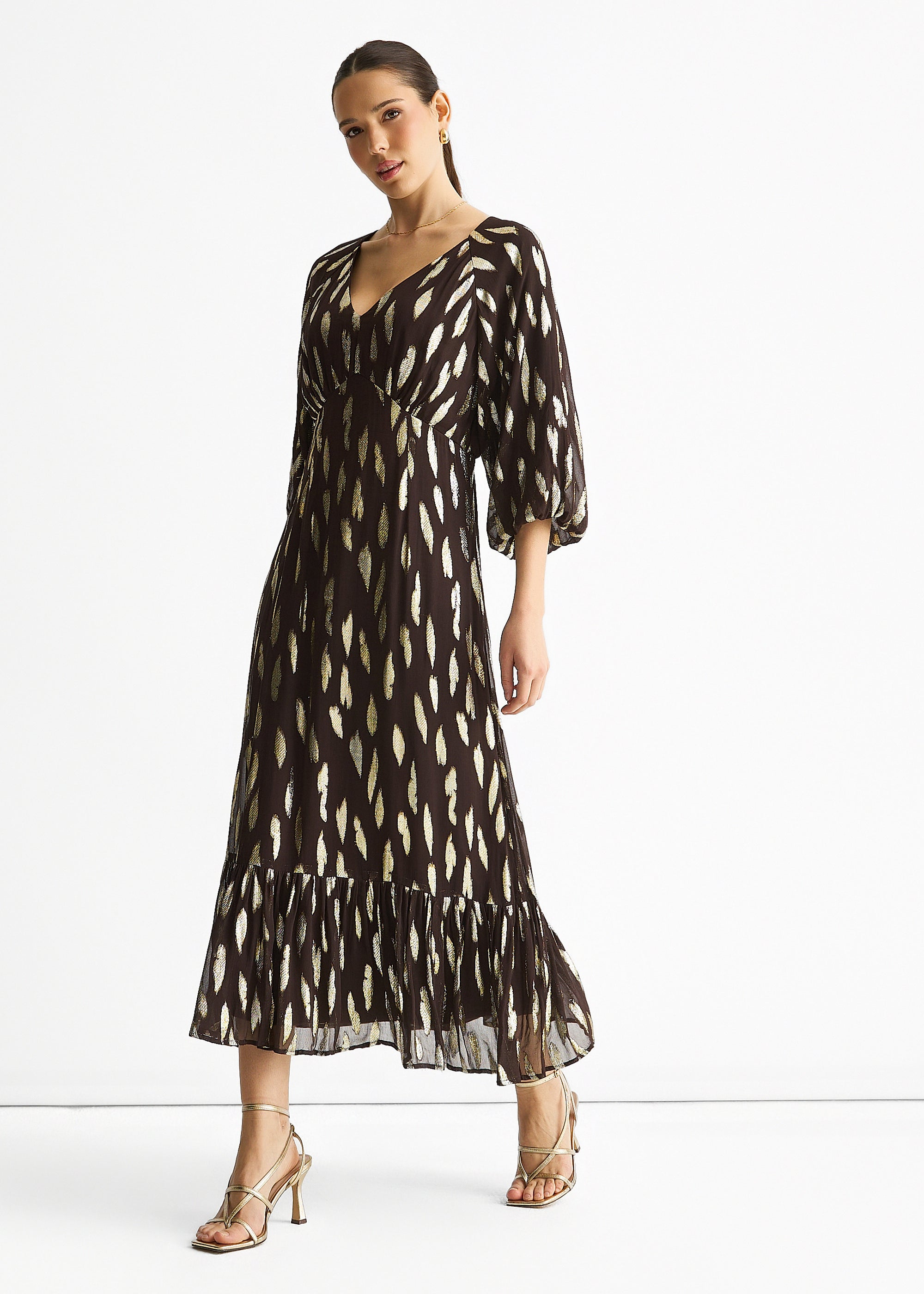 Chocolate Viscose Clipped Balloon Sleeve Maxi Dress