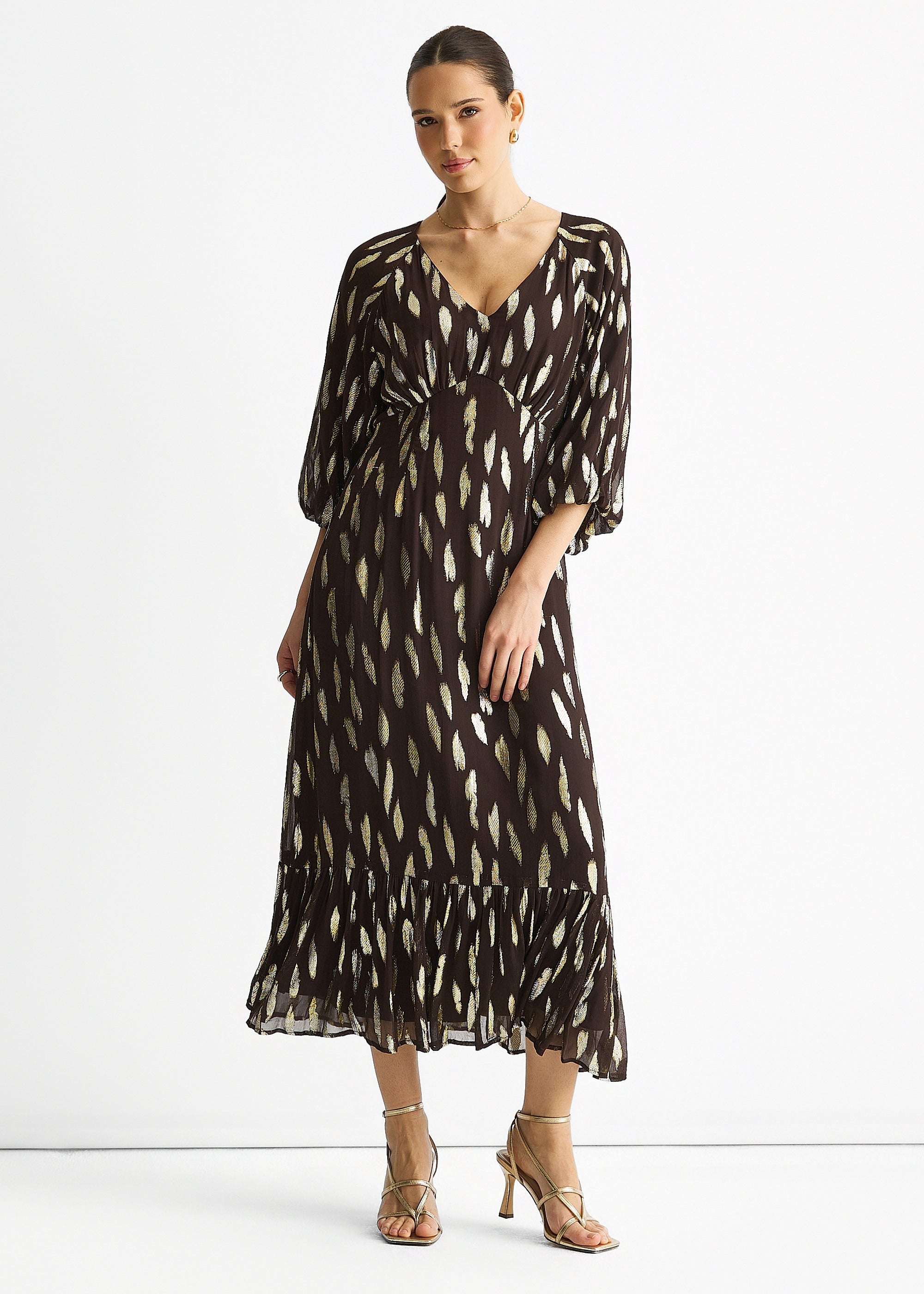 Chocolate Viscose Clipped Balloon Sleeve Maxi Dress
