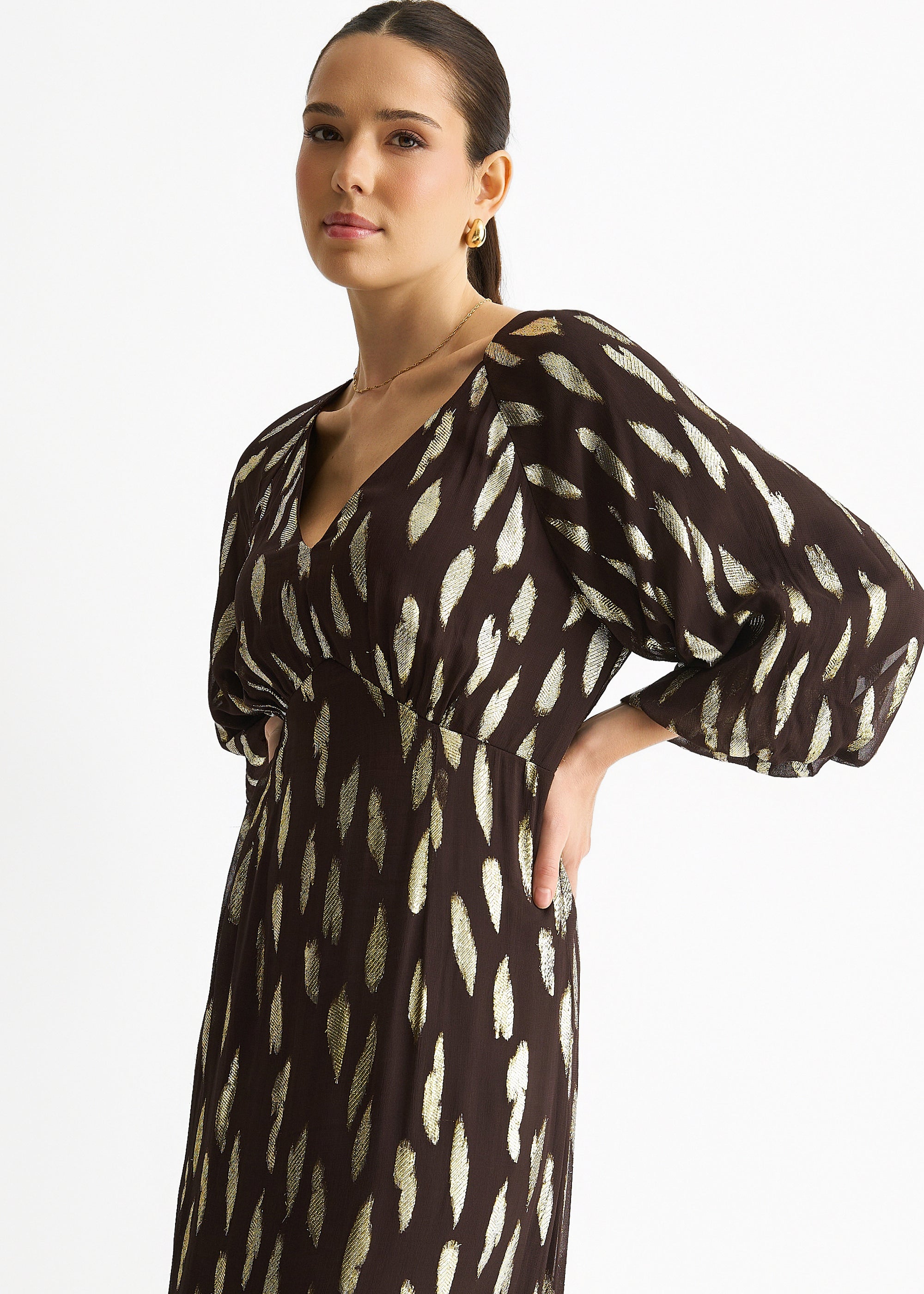 Chocolate Viscose Clipped Balloon Sleeve Maxi Dress