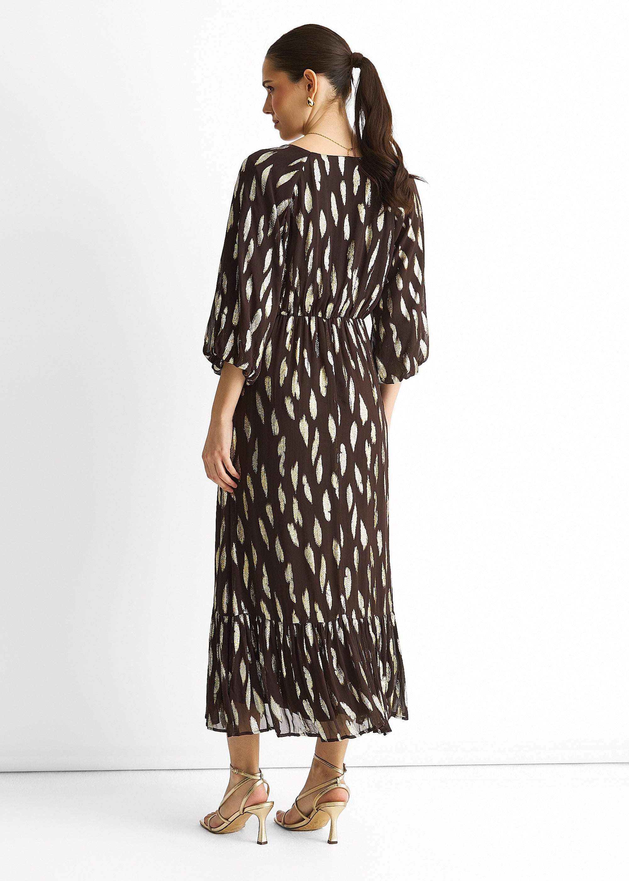 Chocolate Viscose Clipped Balloon Sleeve Maxi Dress