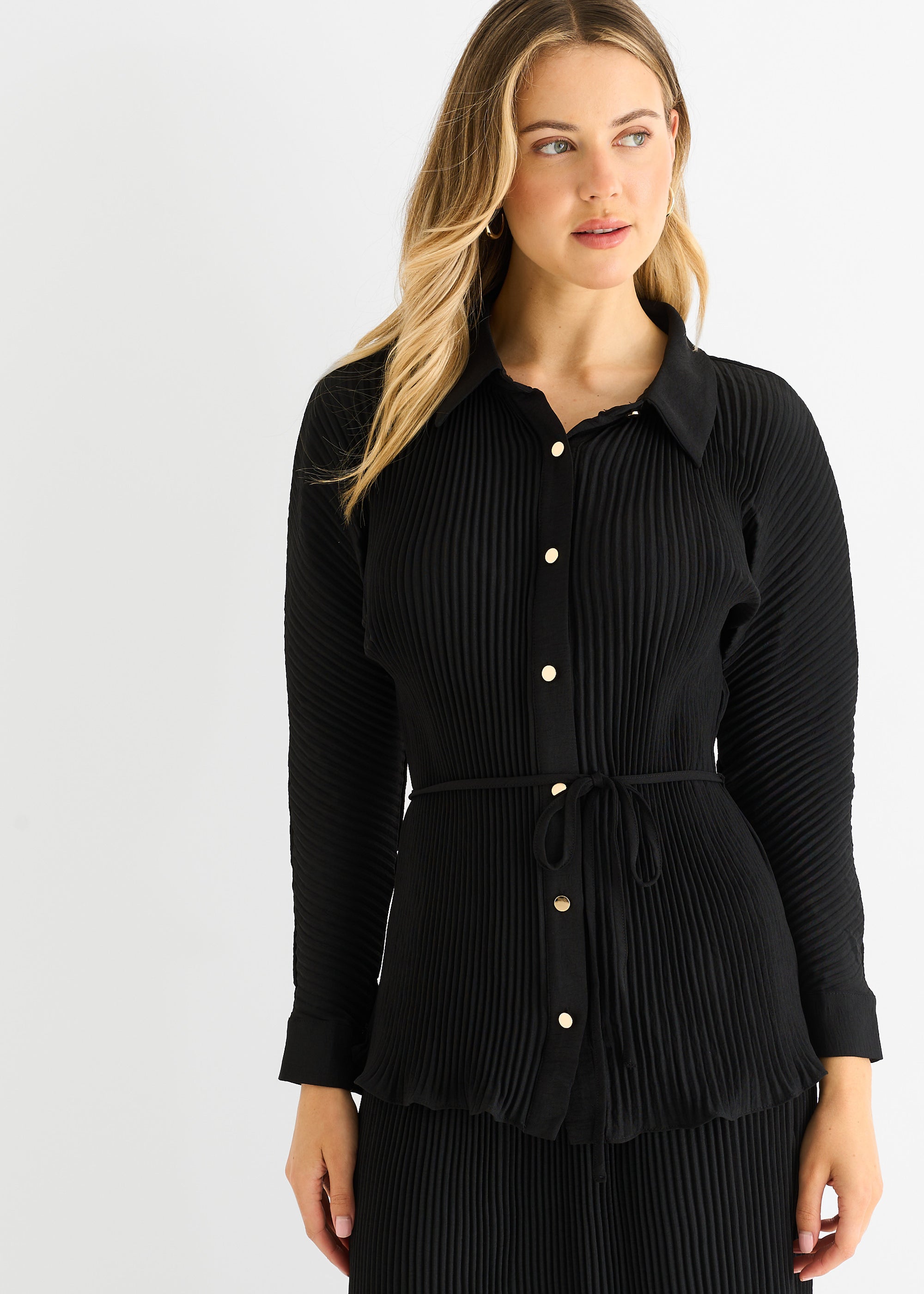 Black Plisse Button Through Shirt