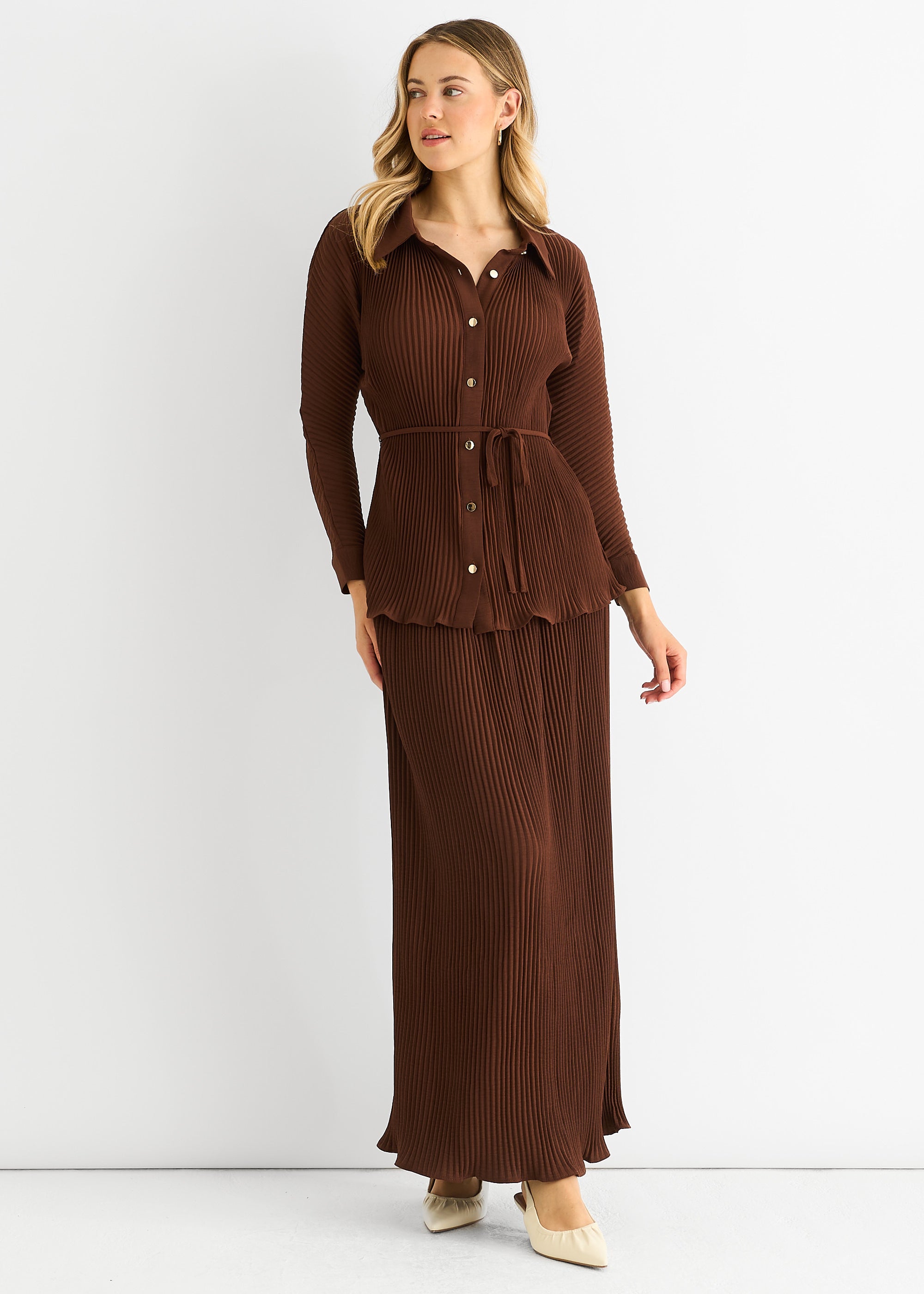 Chocolate Plisse Elasticated Waist Maxi Skirt