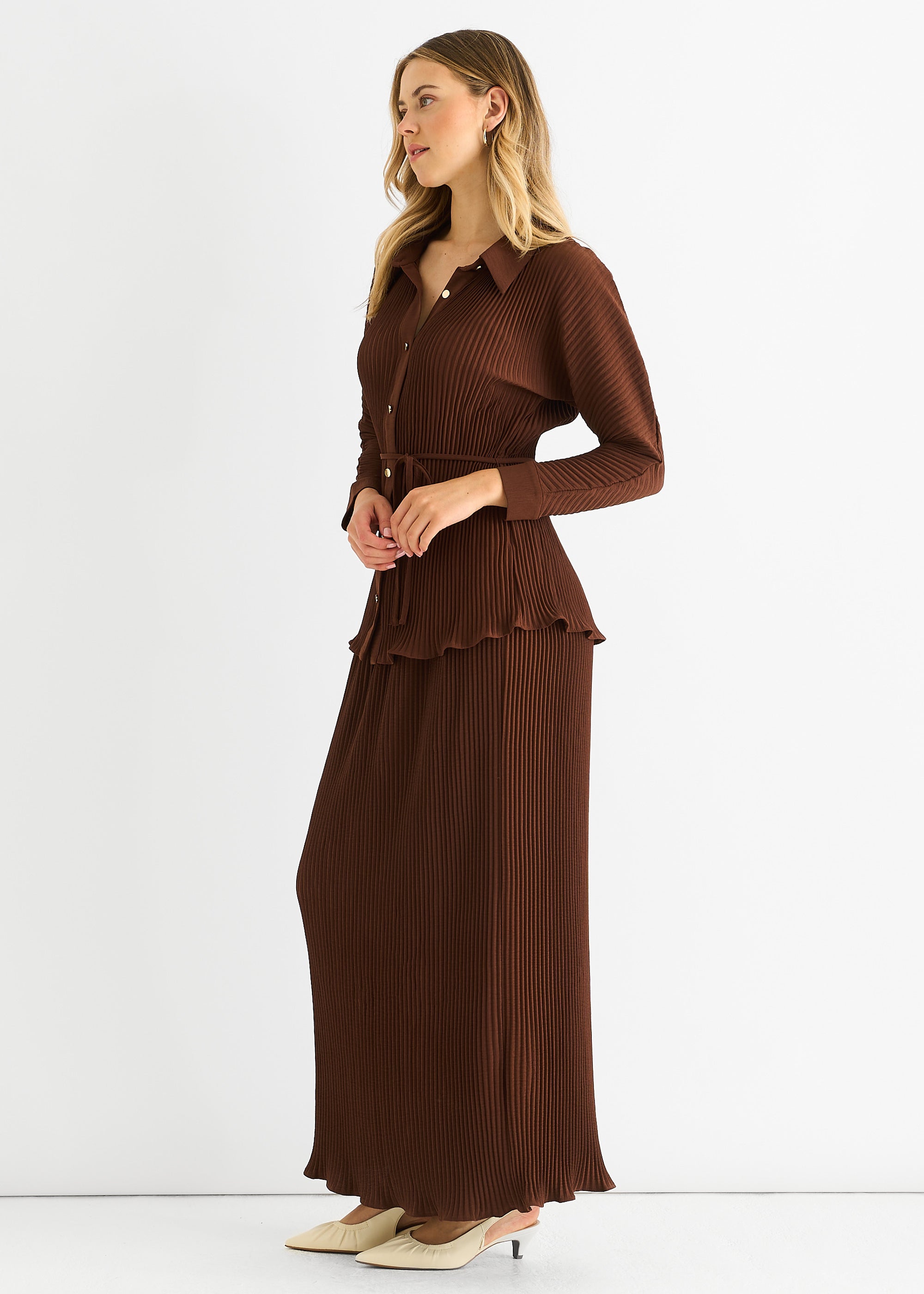 Chocolate Plisse Elasticated Waist Maxi Skirt