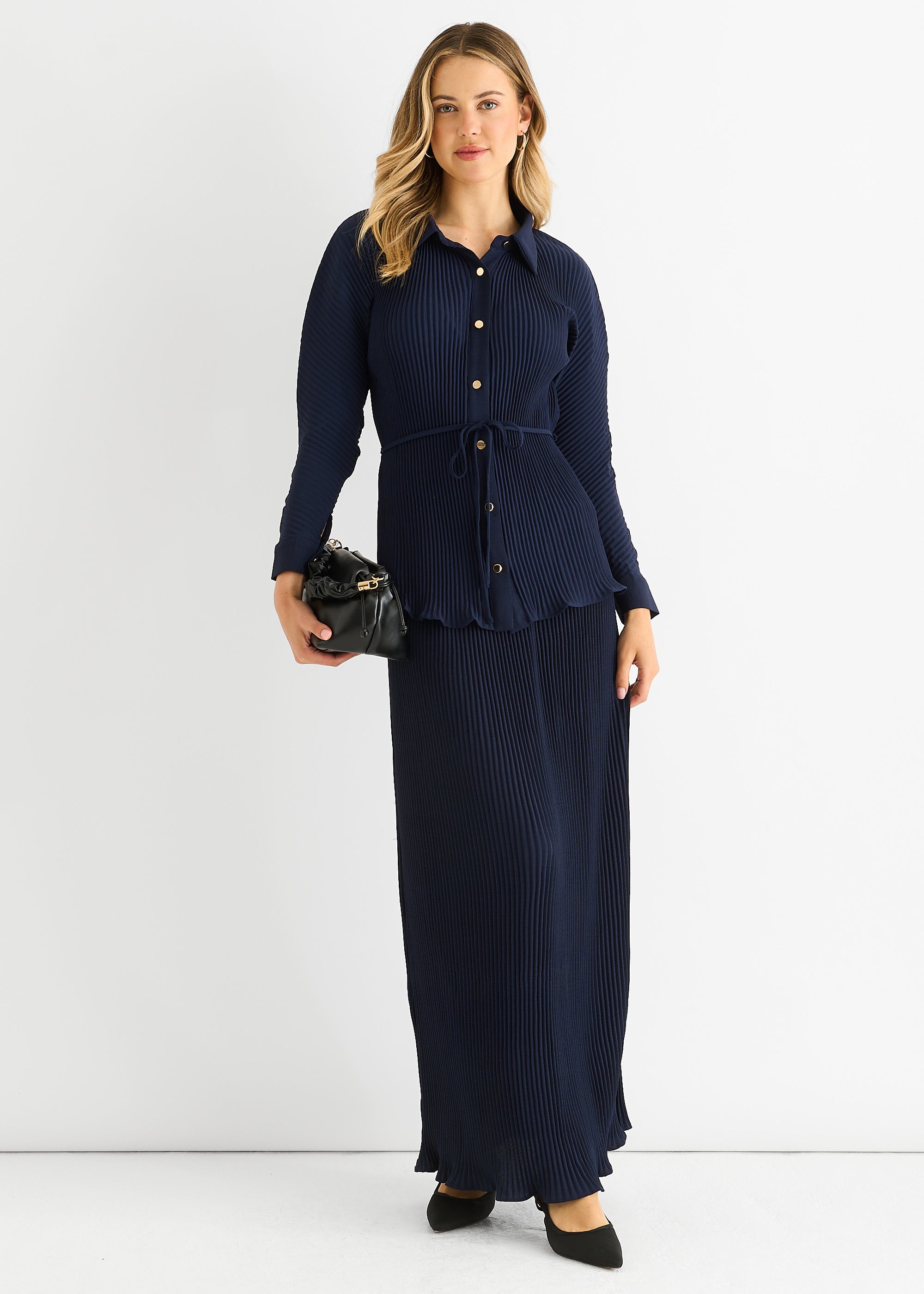 Navy Plisse Button Through Shirt