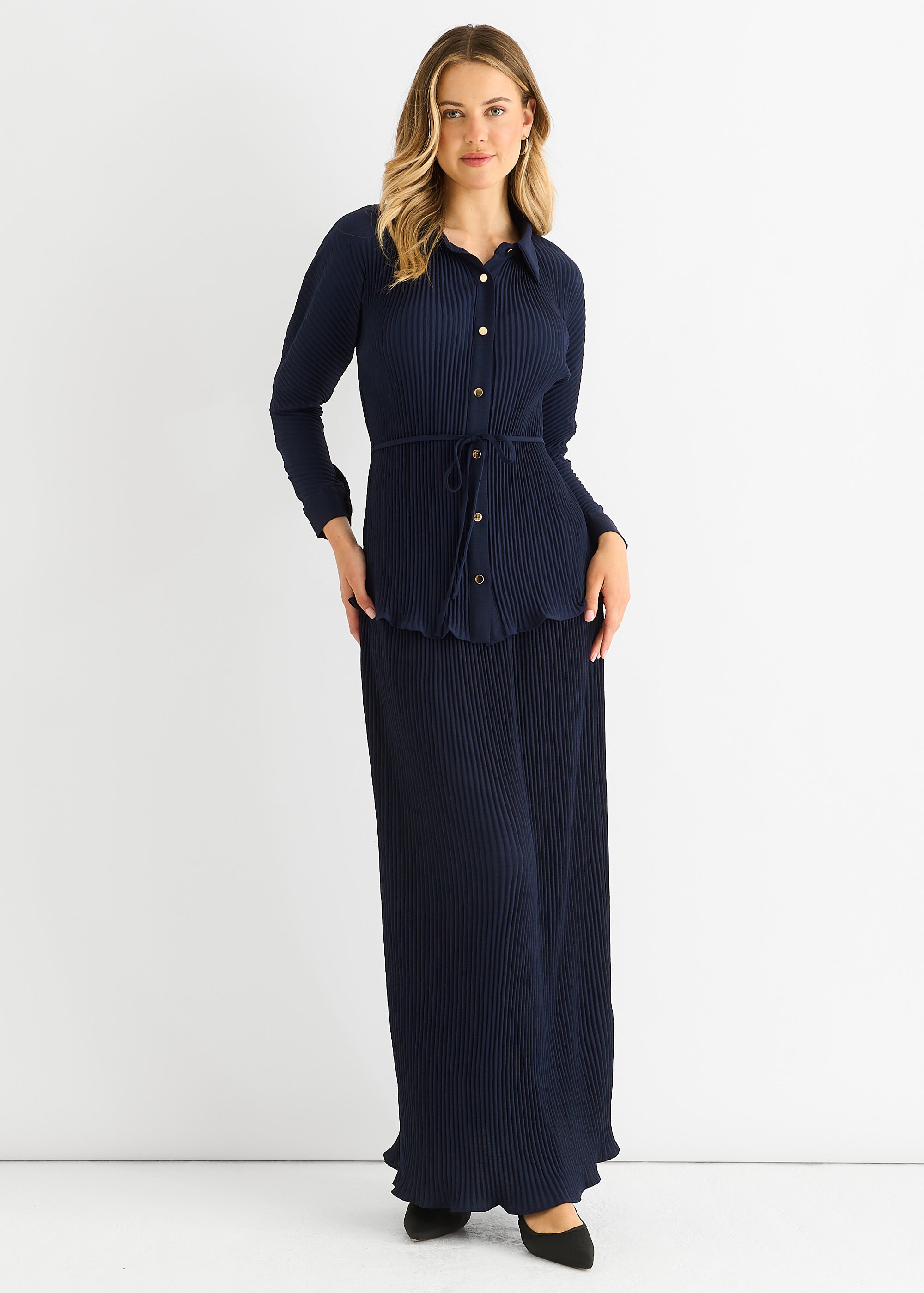 Navy Plisse Elasticated Waist Maxi Skirt