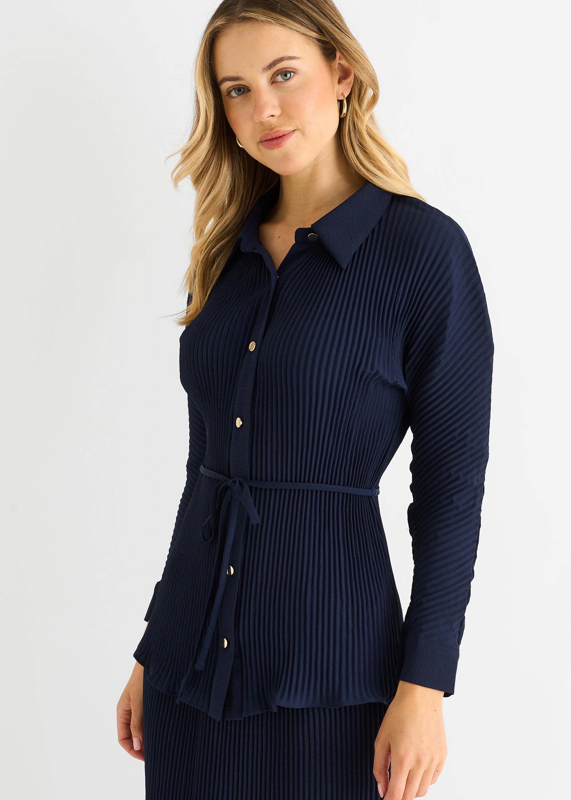 Navy Plisse Button Through Shirt