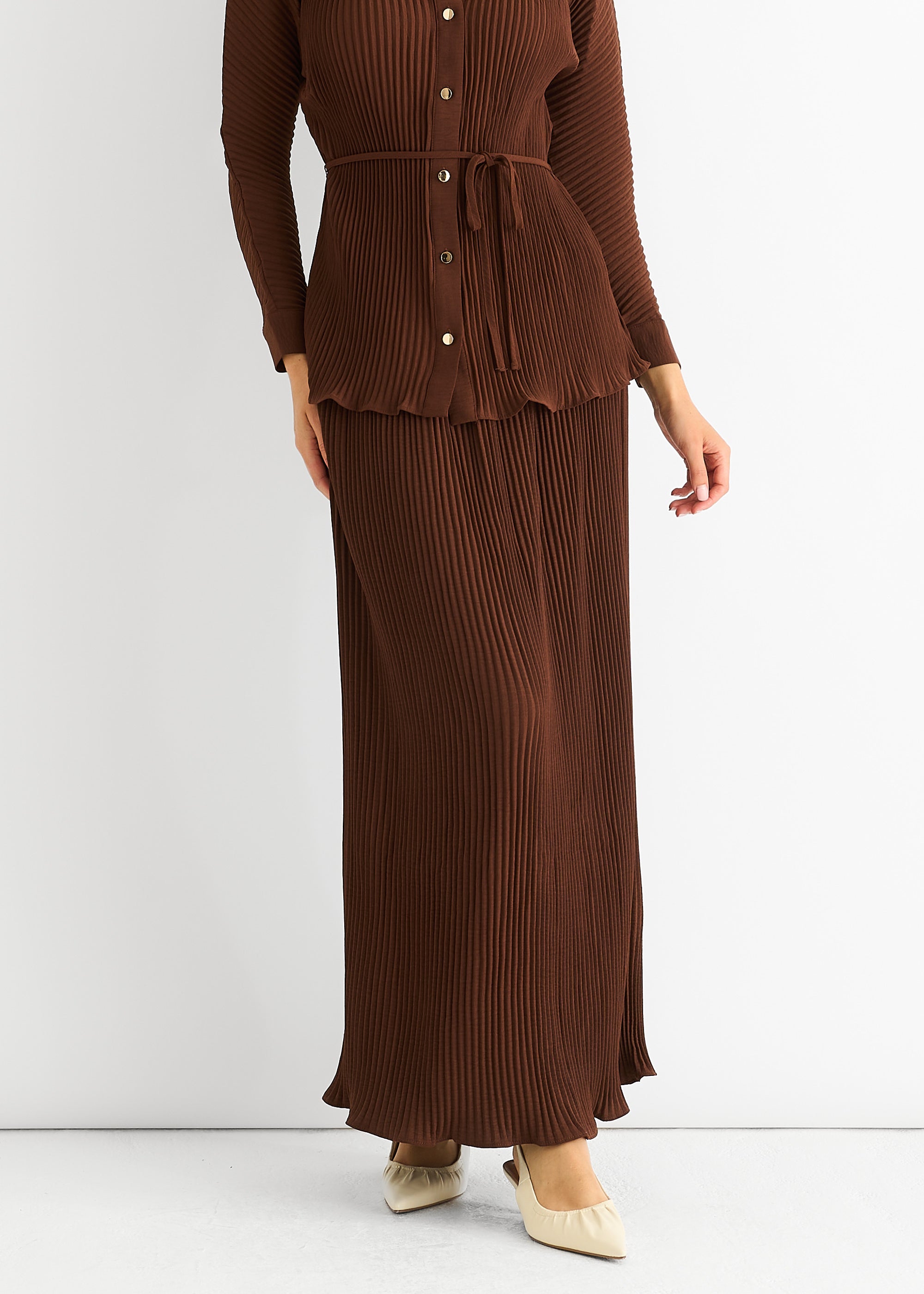 Chocolate Plisse Elasticated Waist Maxi Skirt