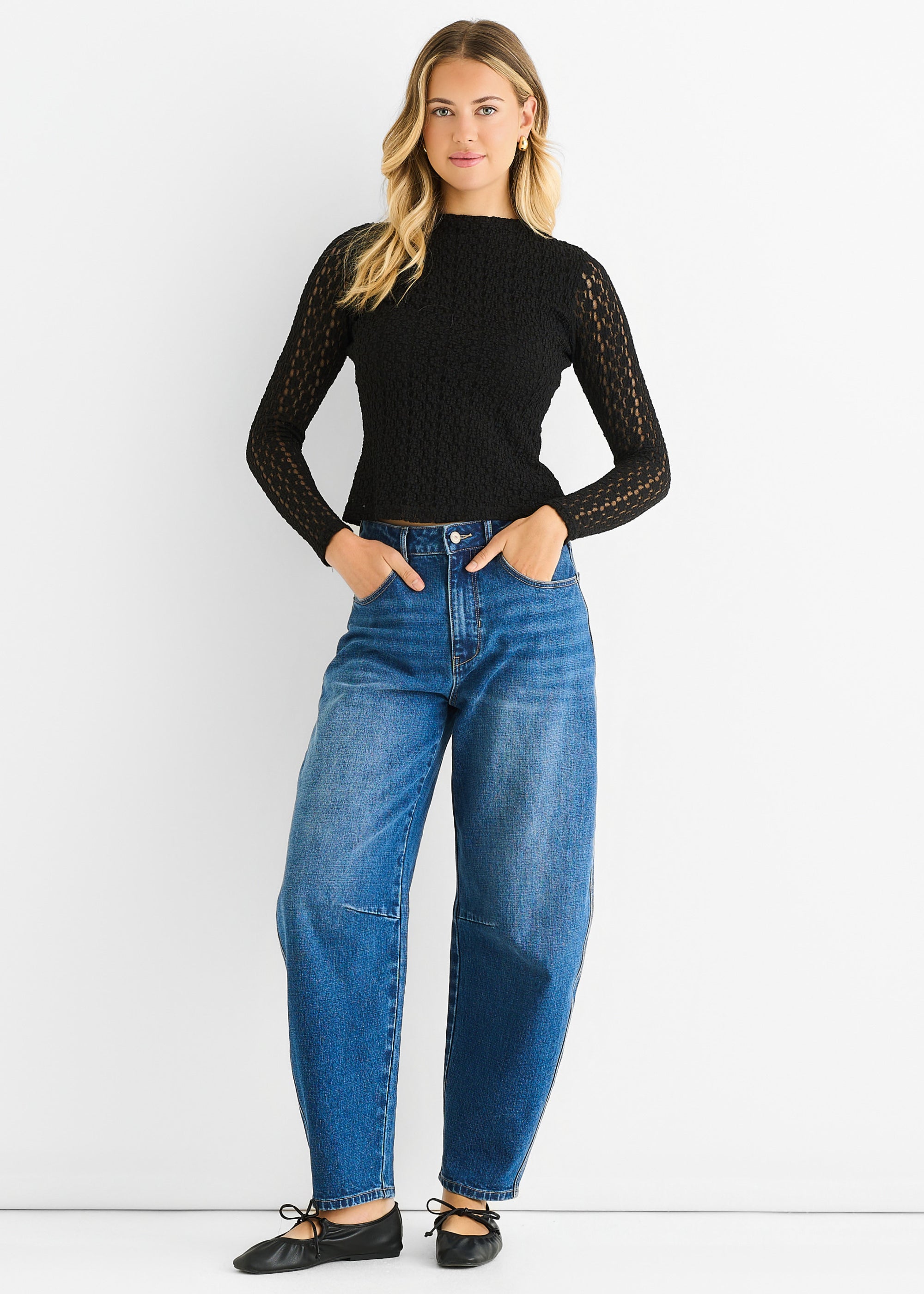 Black High Neck Jersey Lace Long Sleeves Top