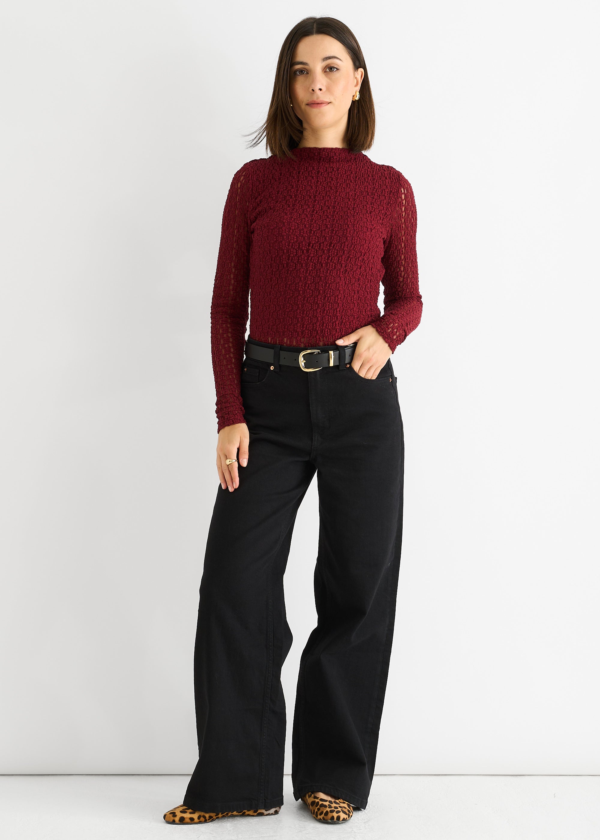 Burgundy High Neck Jersey Lace Long Sleeves Top