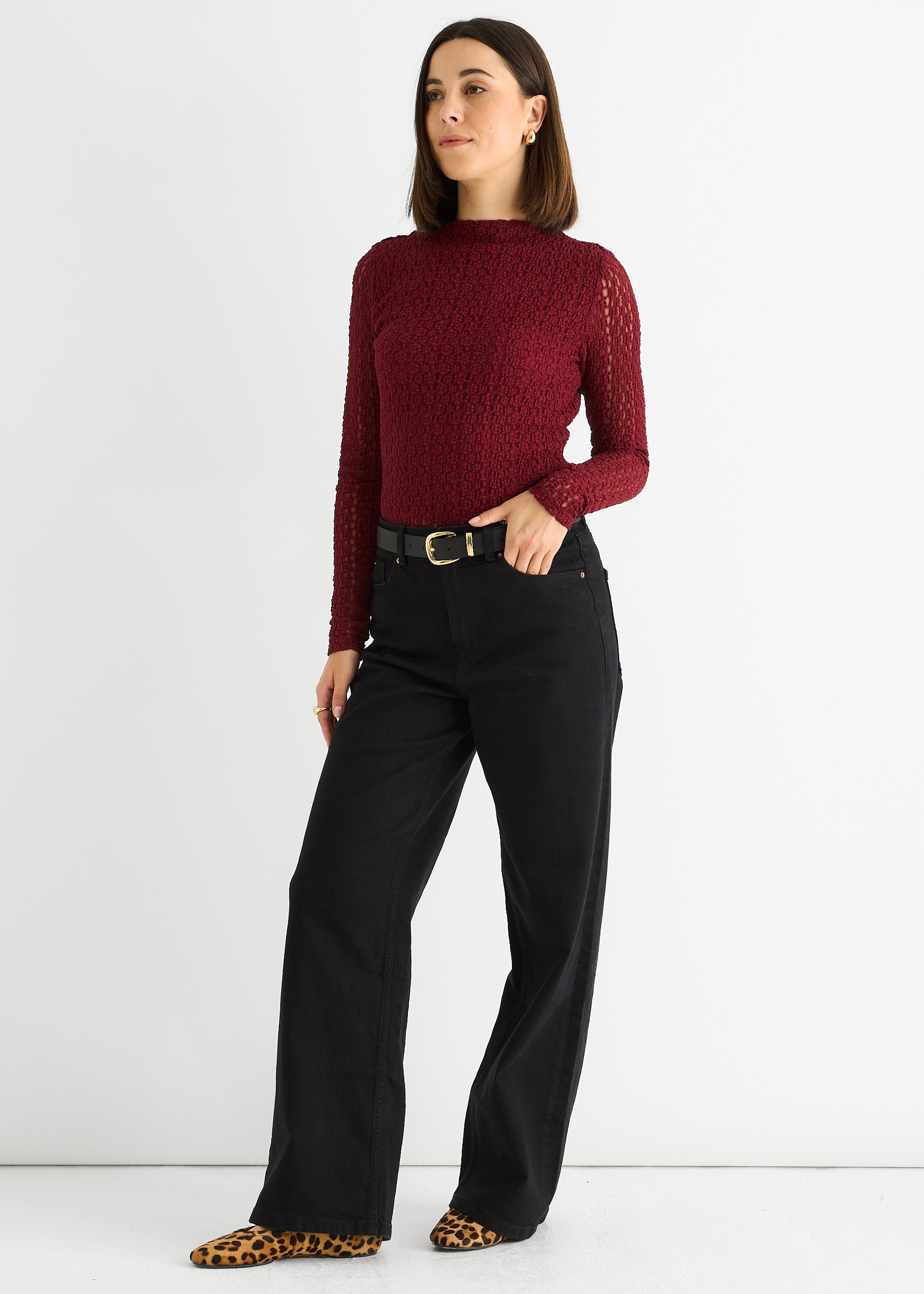 Burgundy High Neck Jersey Lace Long Sleeves Top