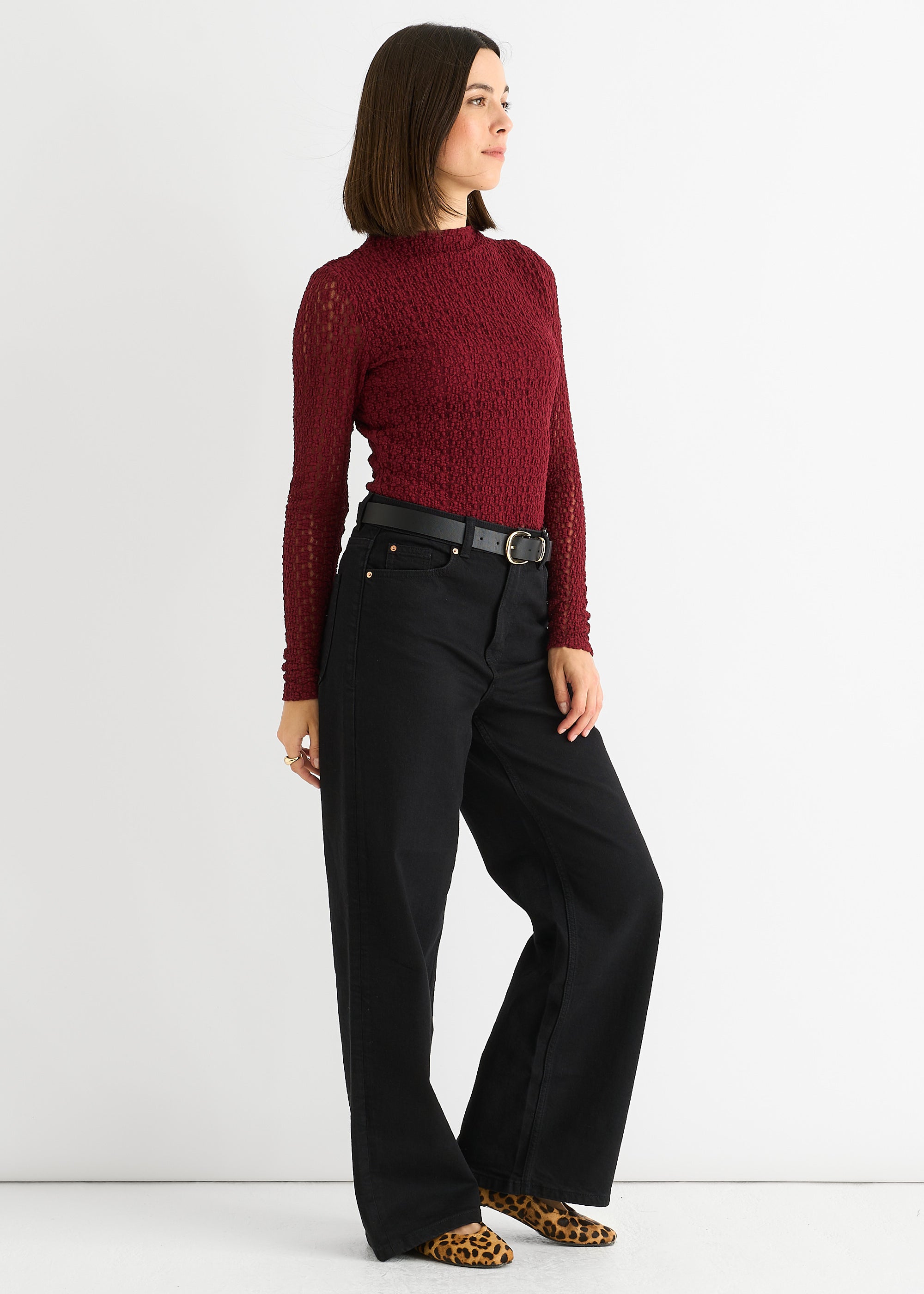 Burgundy High Neck Jersey Lace Long Sleeves Top