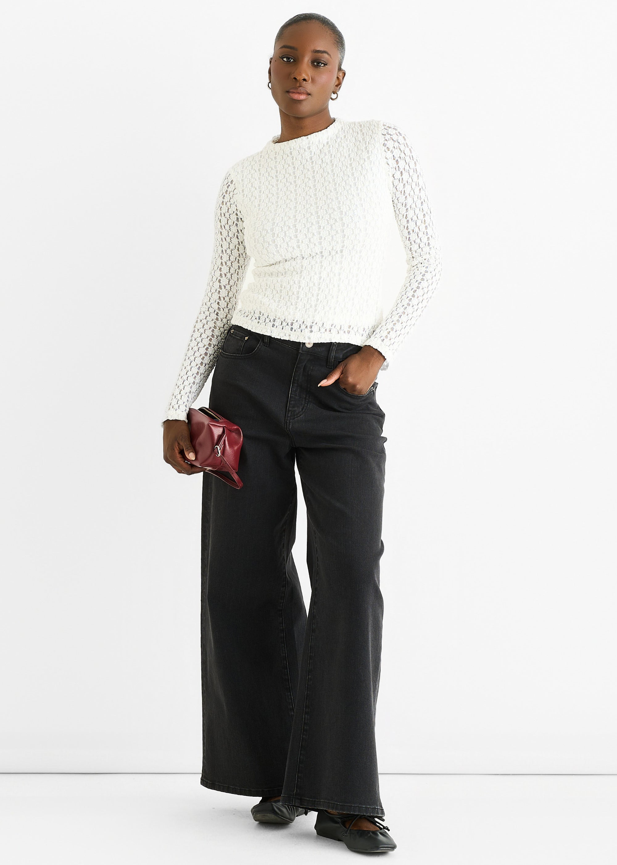 White High Neck Jersey Lace Long Sleeves Top