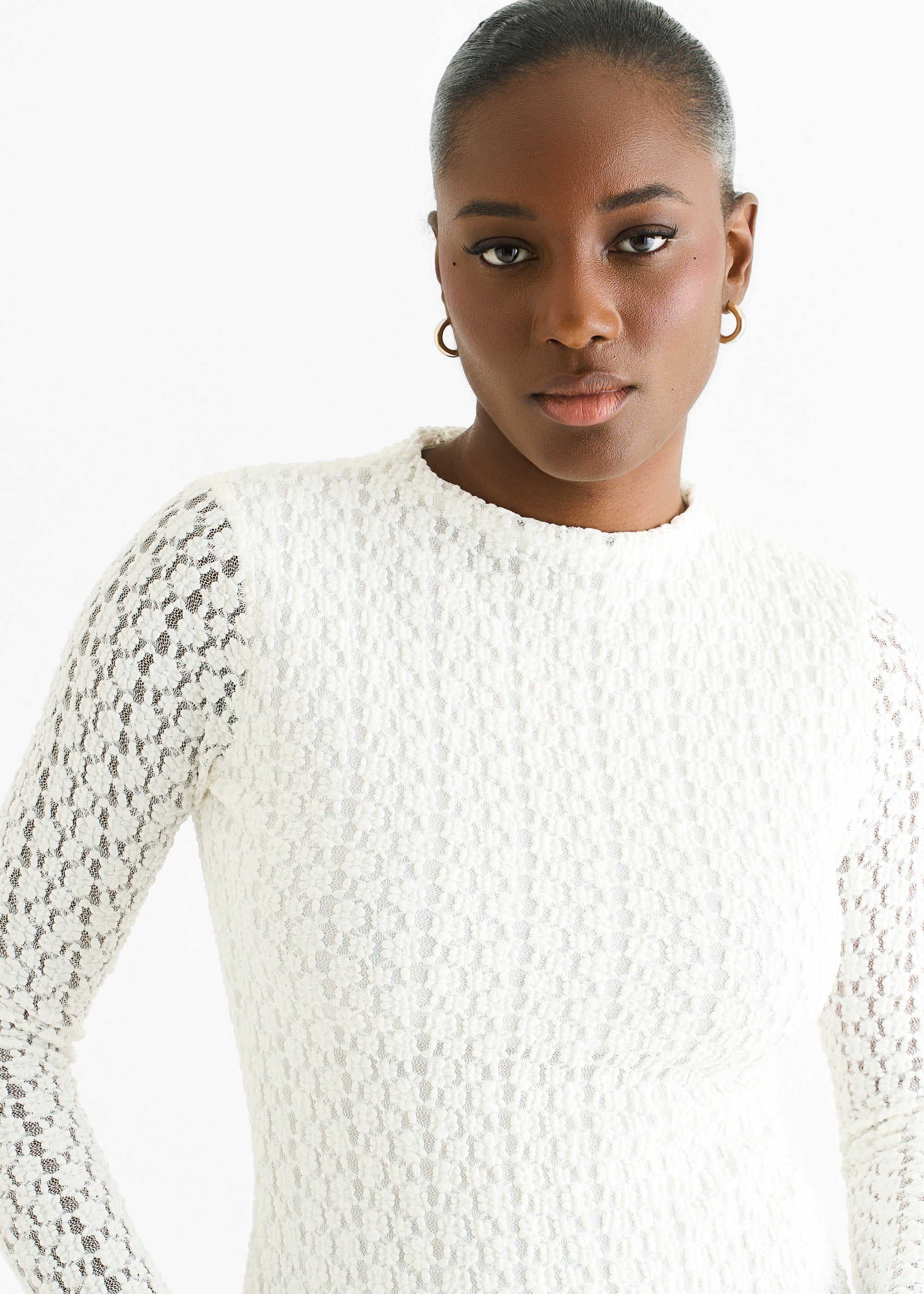 White High Neck Jersey Lace Long Sleeves Top