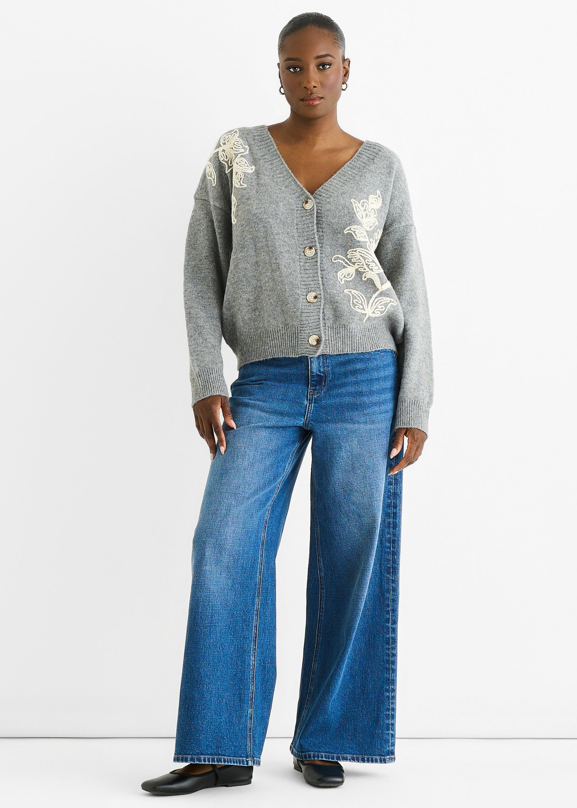 Grey Floral Appliqué Wool Mix Cardigan