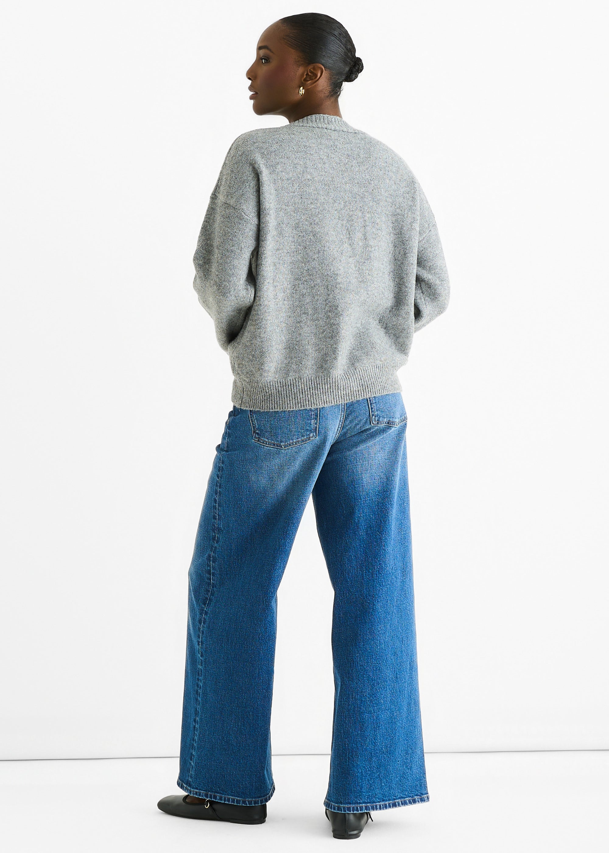 Grey Floral Appliqué Wool Mix Cardigan