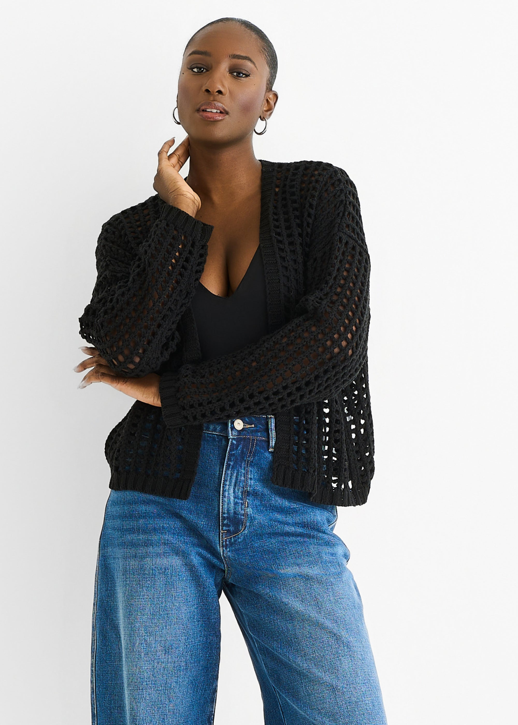 Black Open Knit Edge to Edge Cardigan