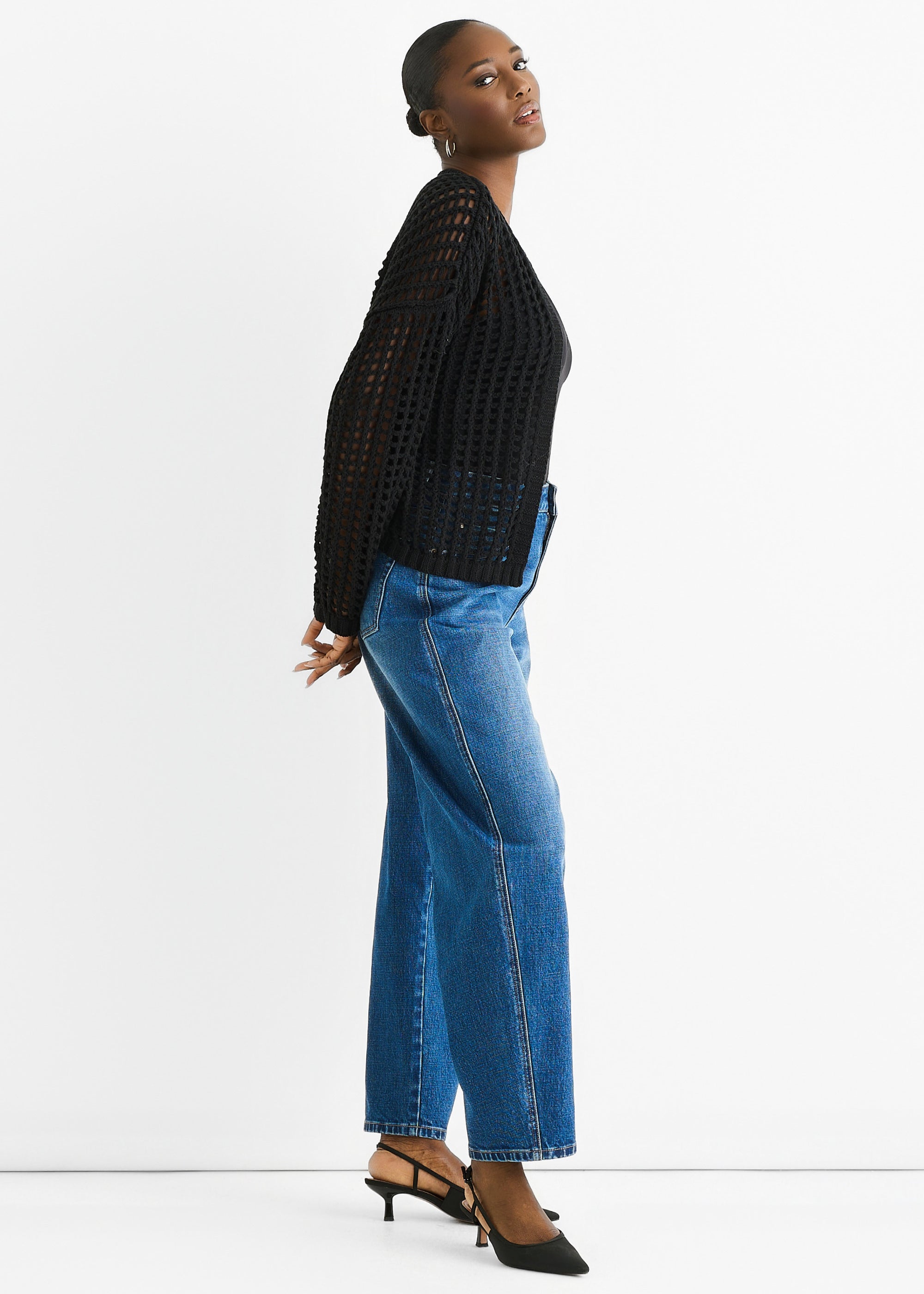 Black Open Knit Edge to Edge Cardigan