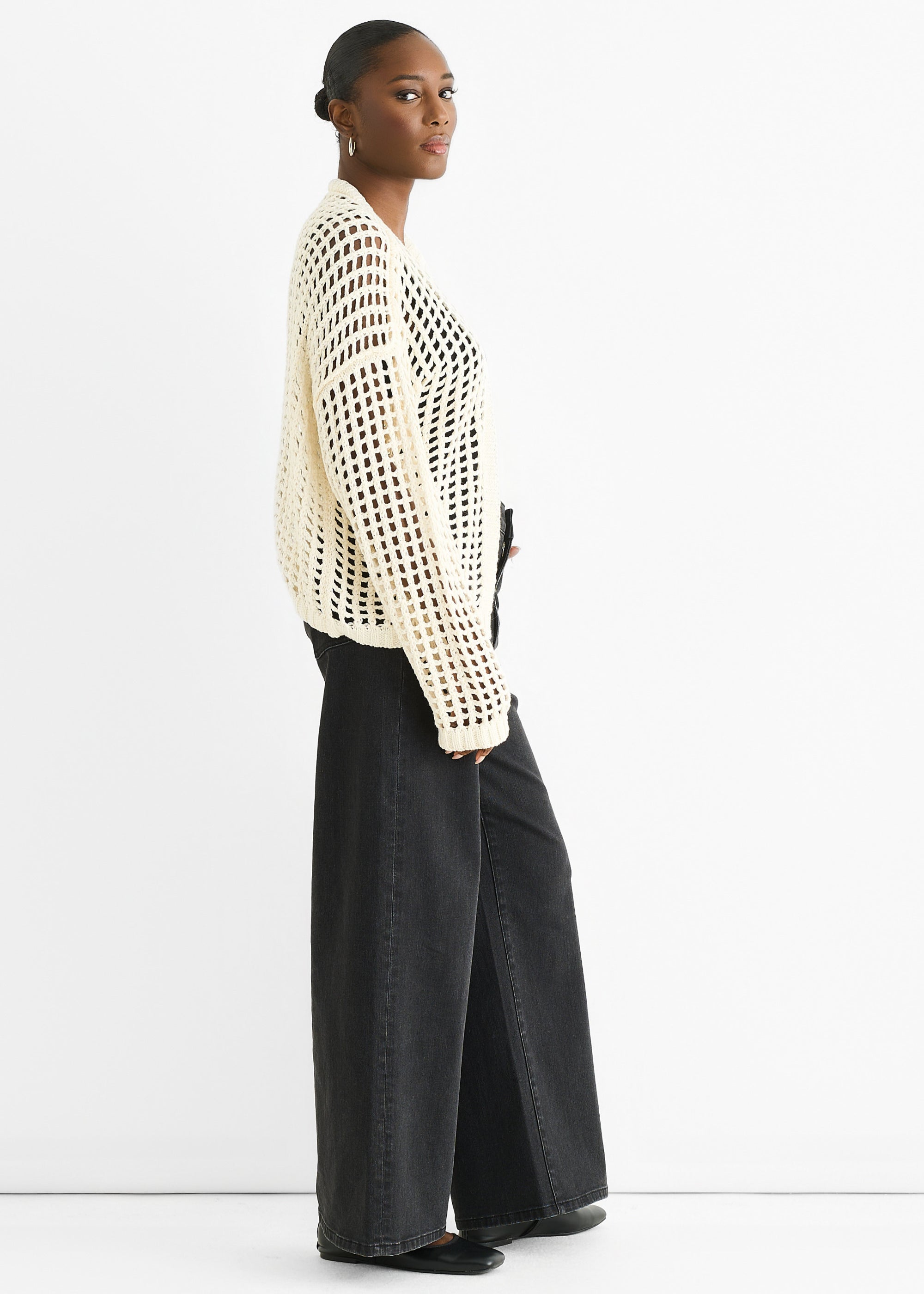 Cream Open Knit Edge to Edge Cardigan