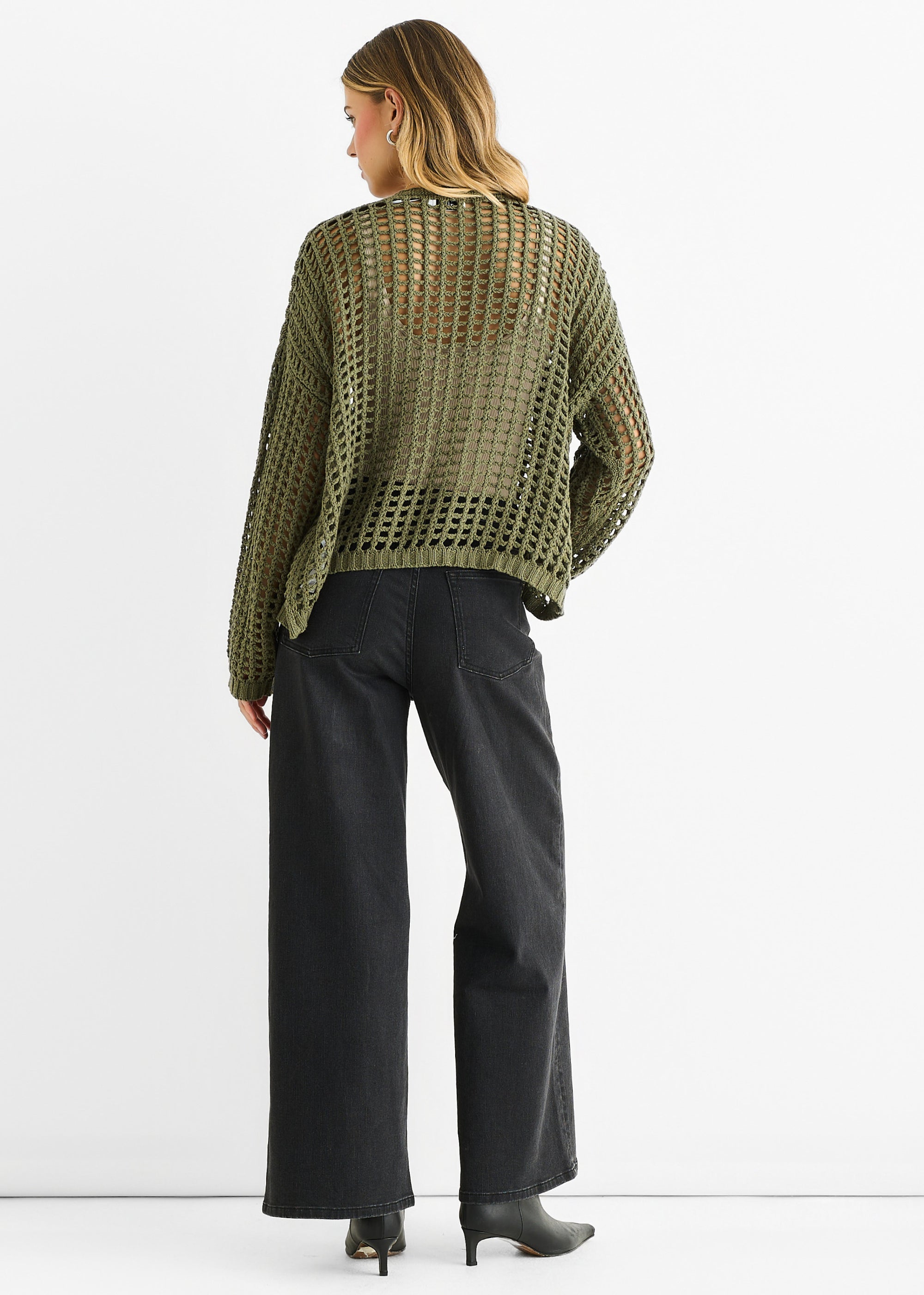 Khaki Open Knit Edge to Edge Cardigan