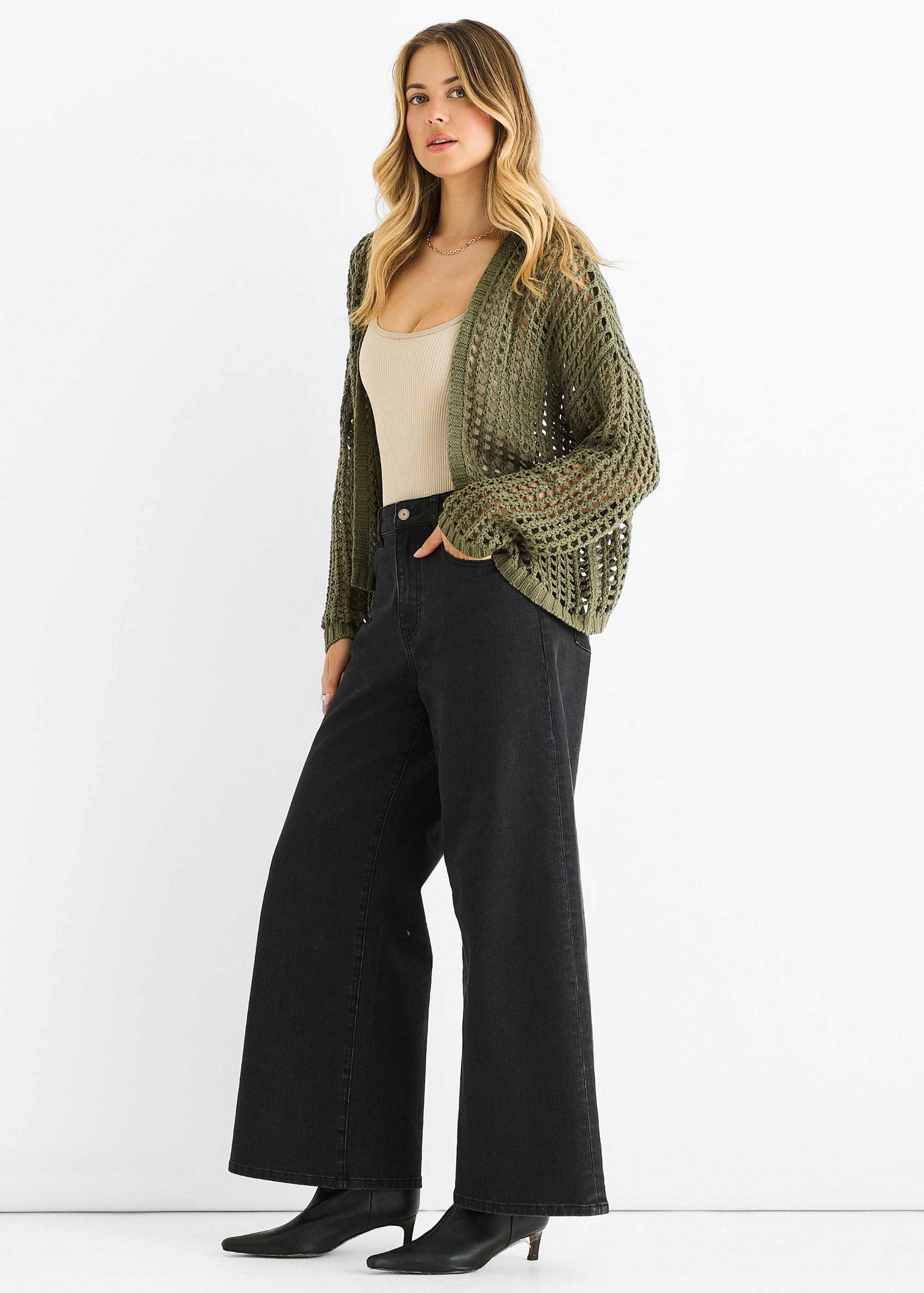 Khaki Open Knit Edge to Edge Cardigan