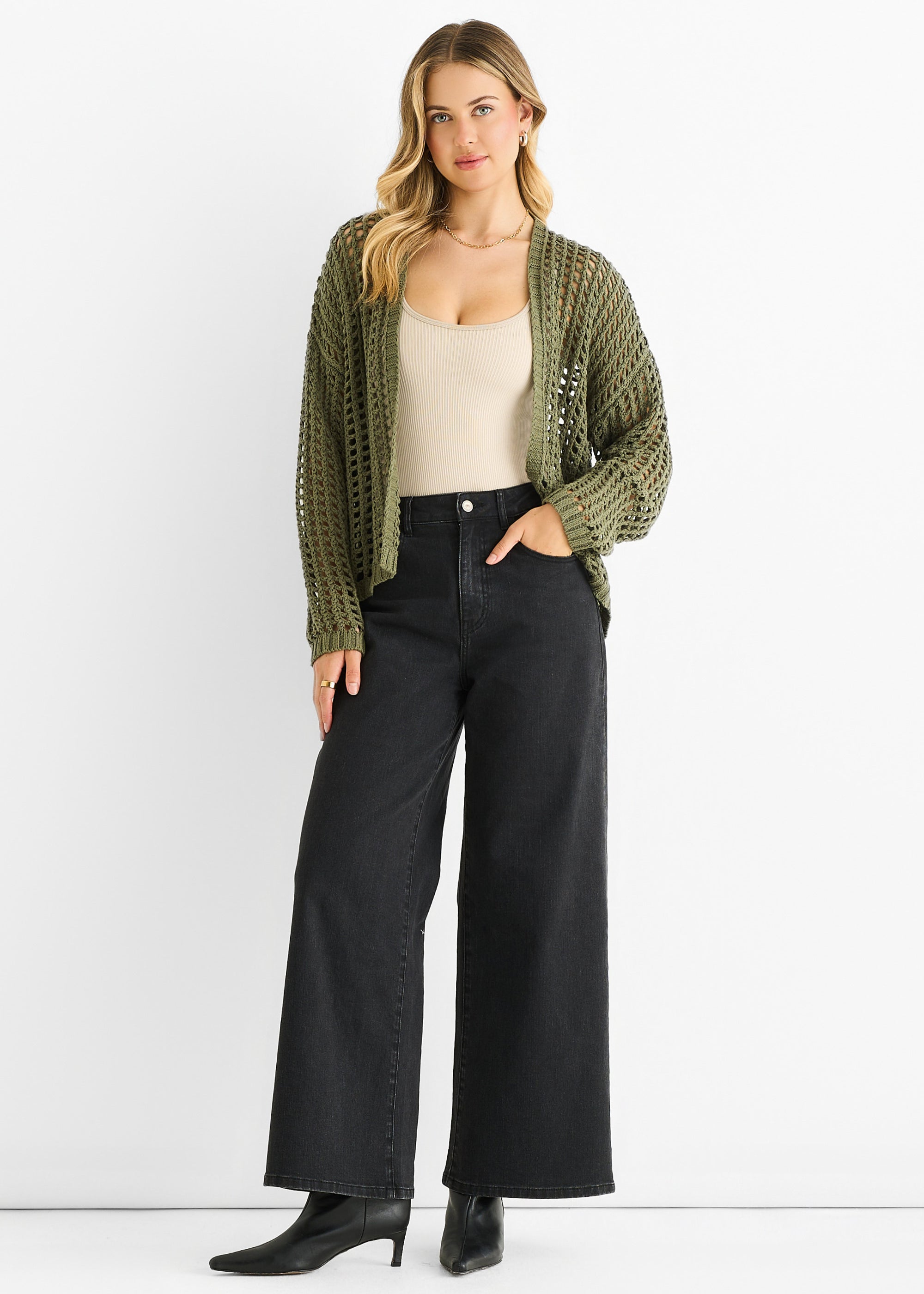Khaki Open Knit Edge to Edge Cardigan