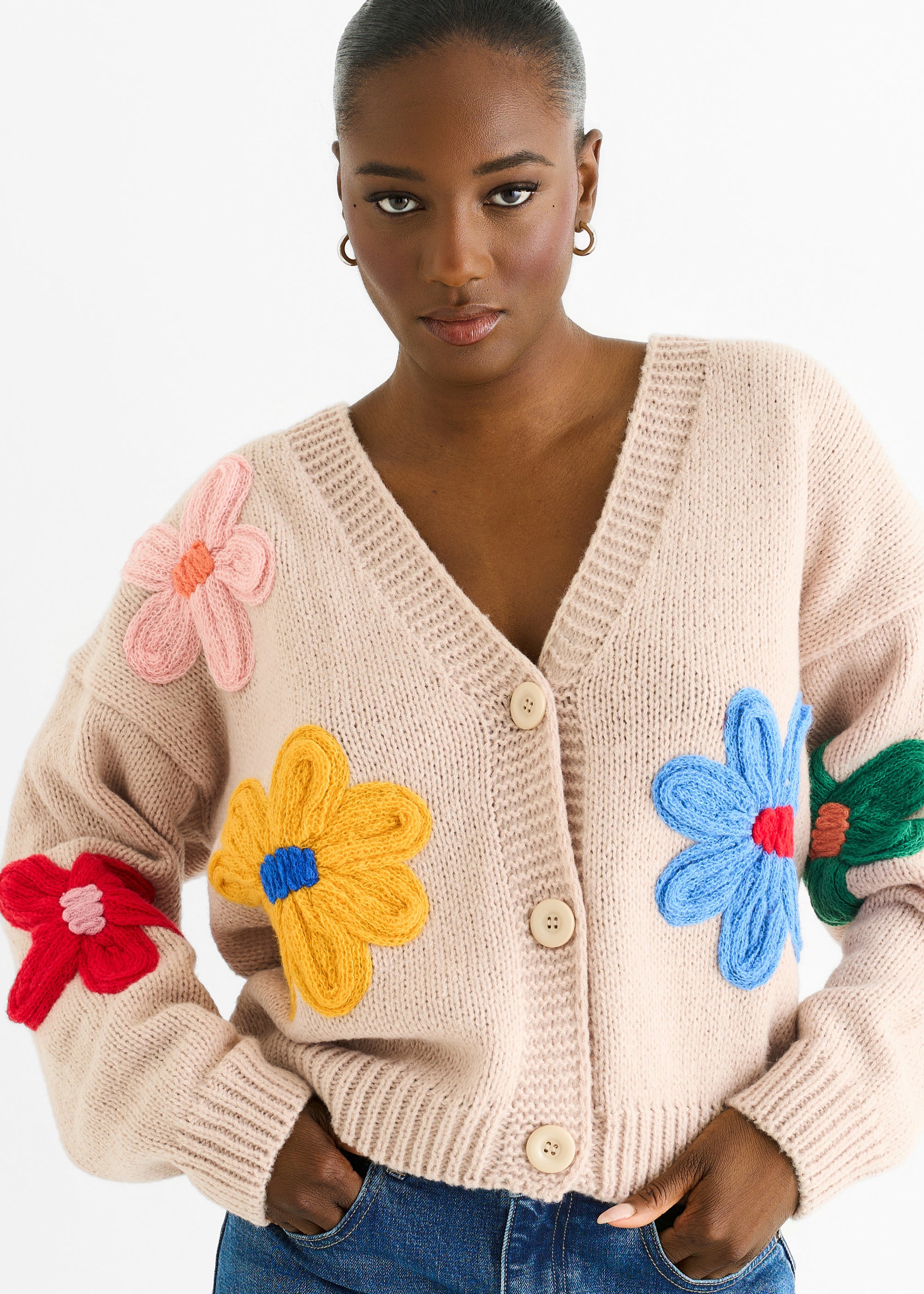 Camel Floral Knit Long Sleeves Cardigan