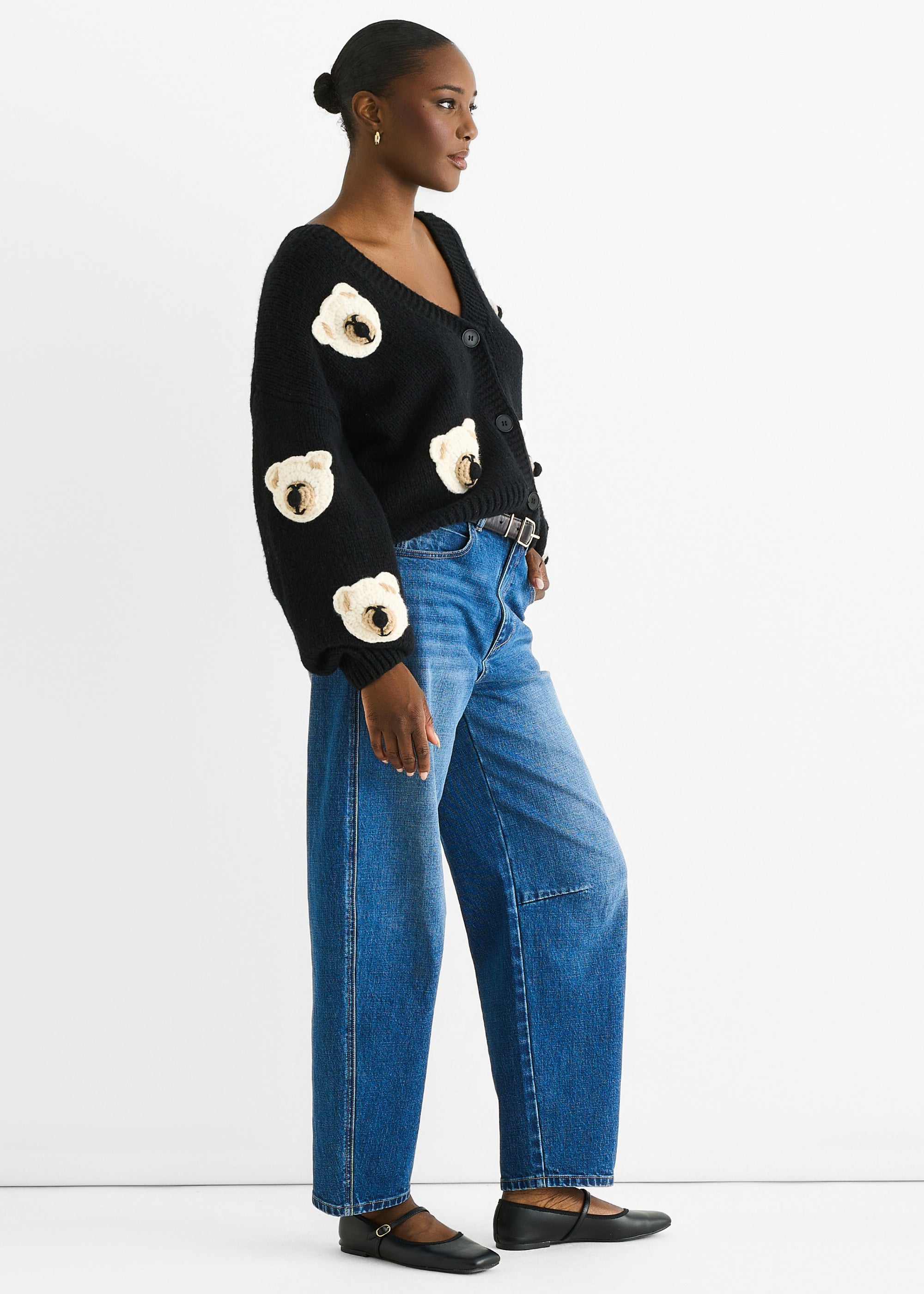 Black 3D Contrast Teddy Crochet Cardigan