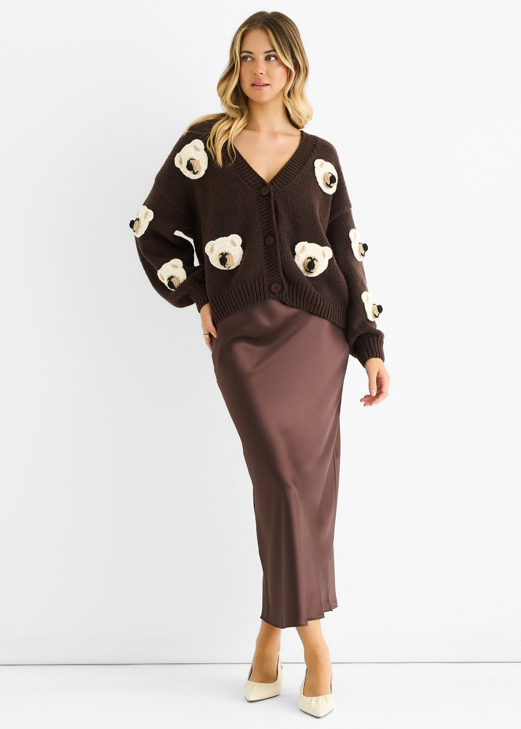 Chocolate 3D Contrast Teddy Crochet Cardigan