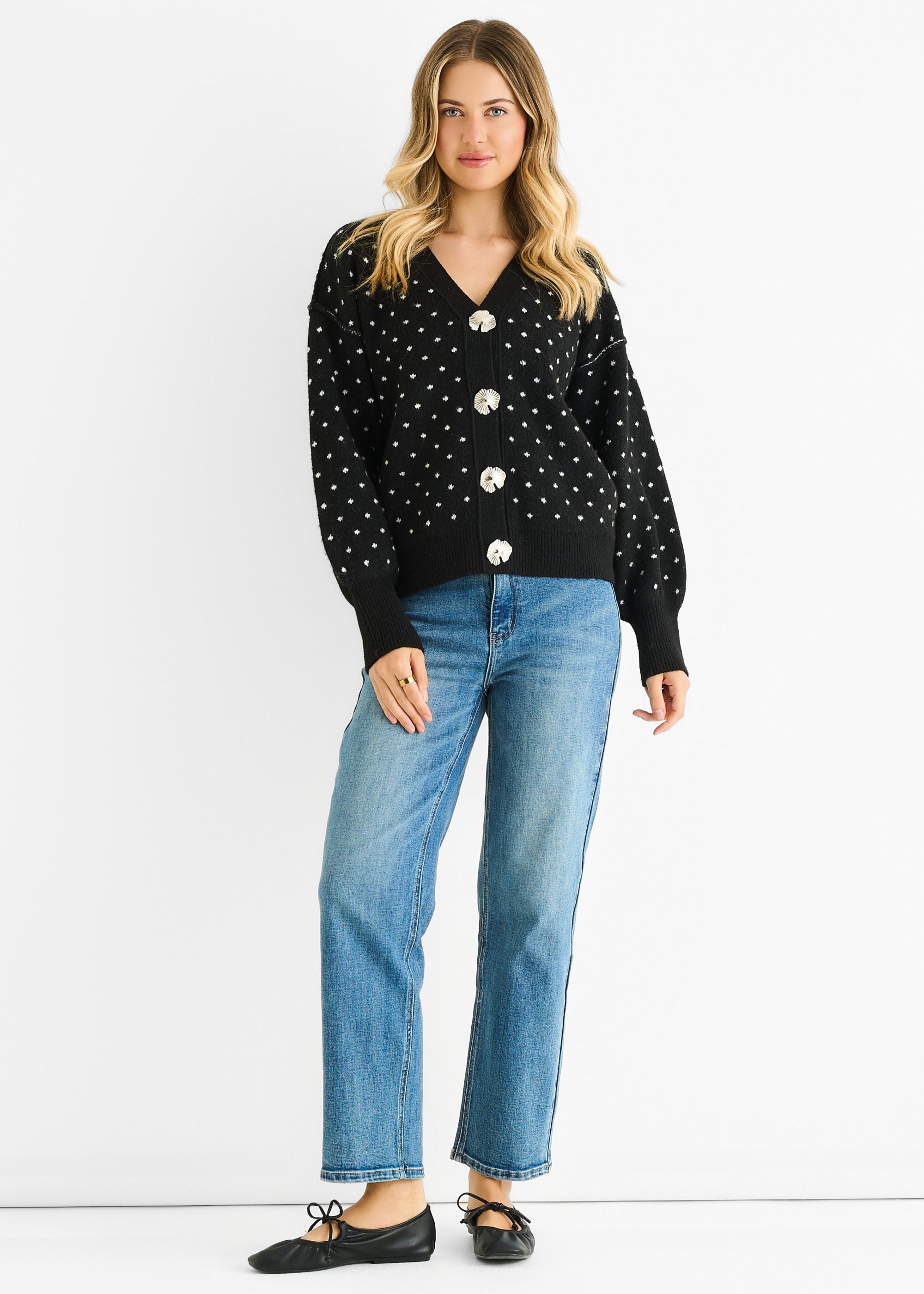 Black Spot Print Button Cardigan Look Jumper