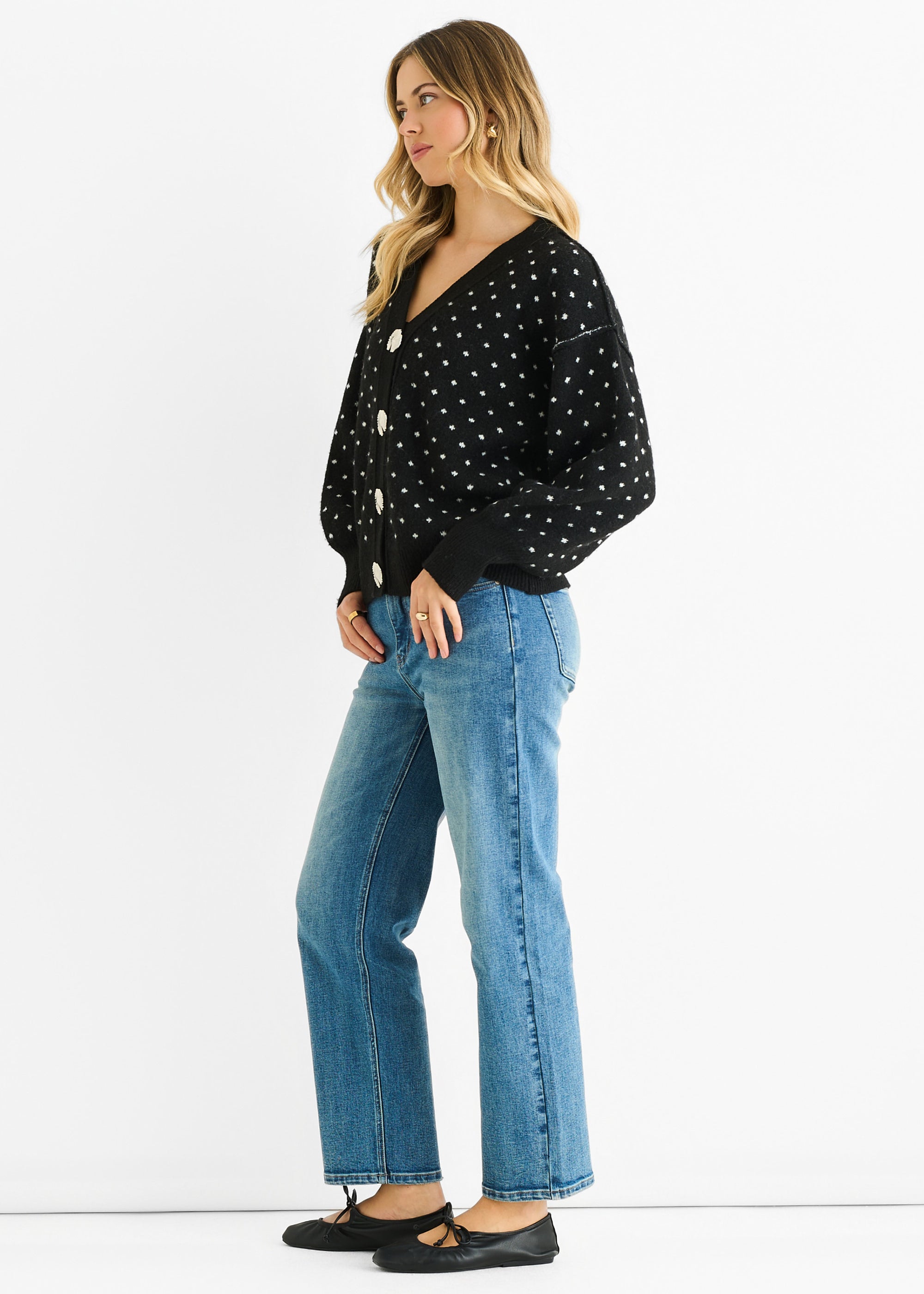 Black Spot Print Button Cardigan Look Jumper