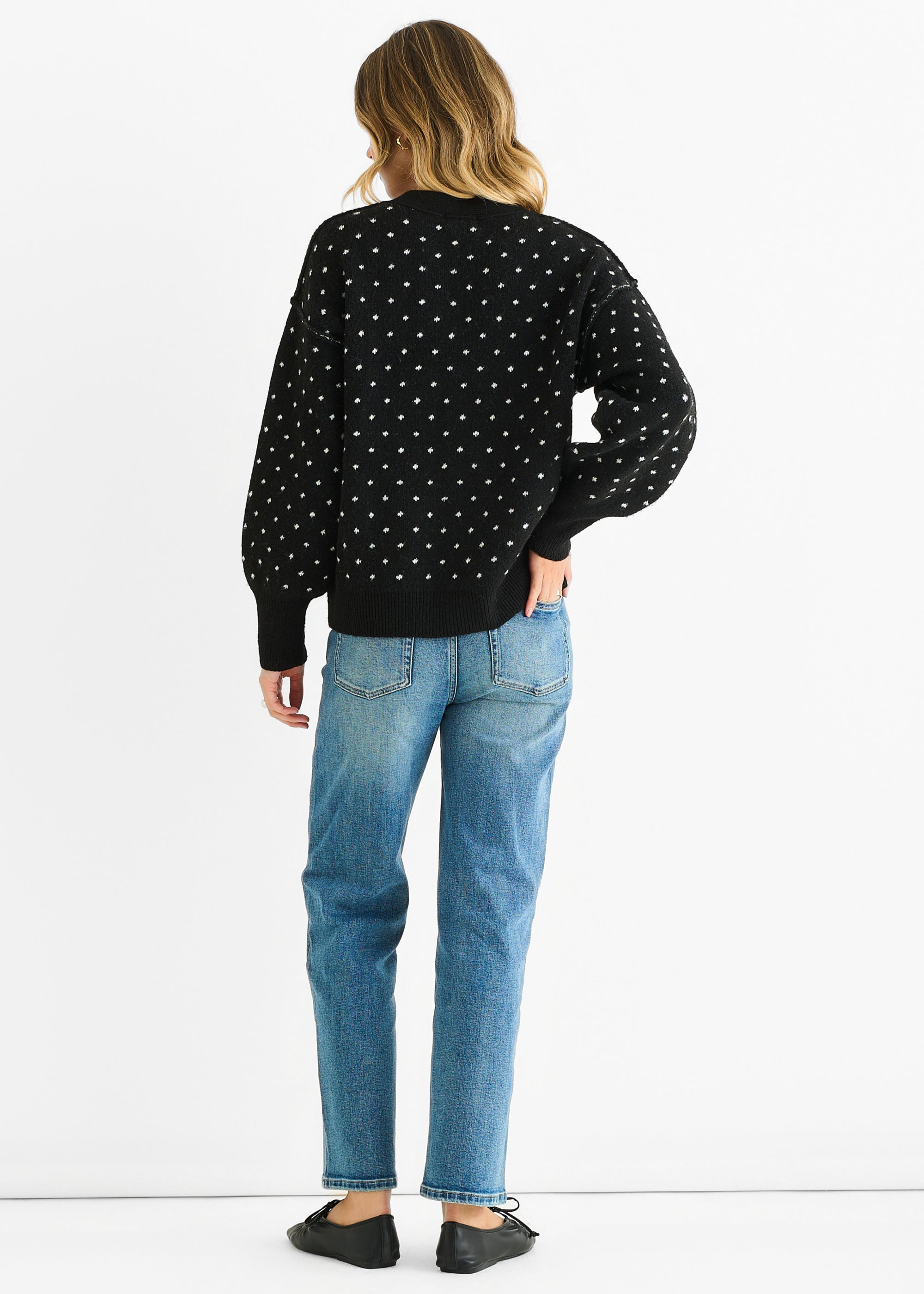 Black Spot Print Button Cardigan Look Jumper