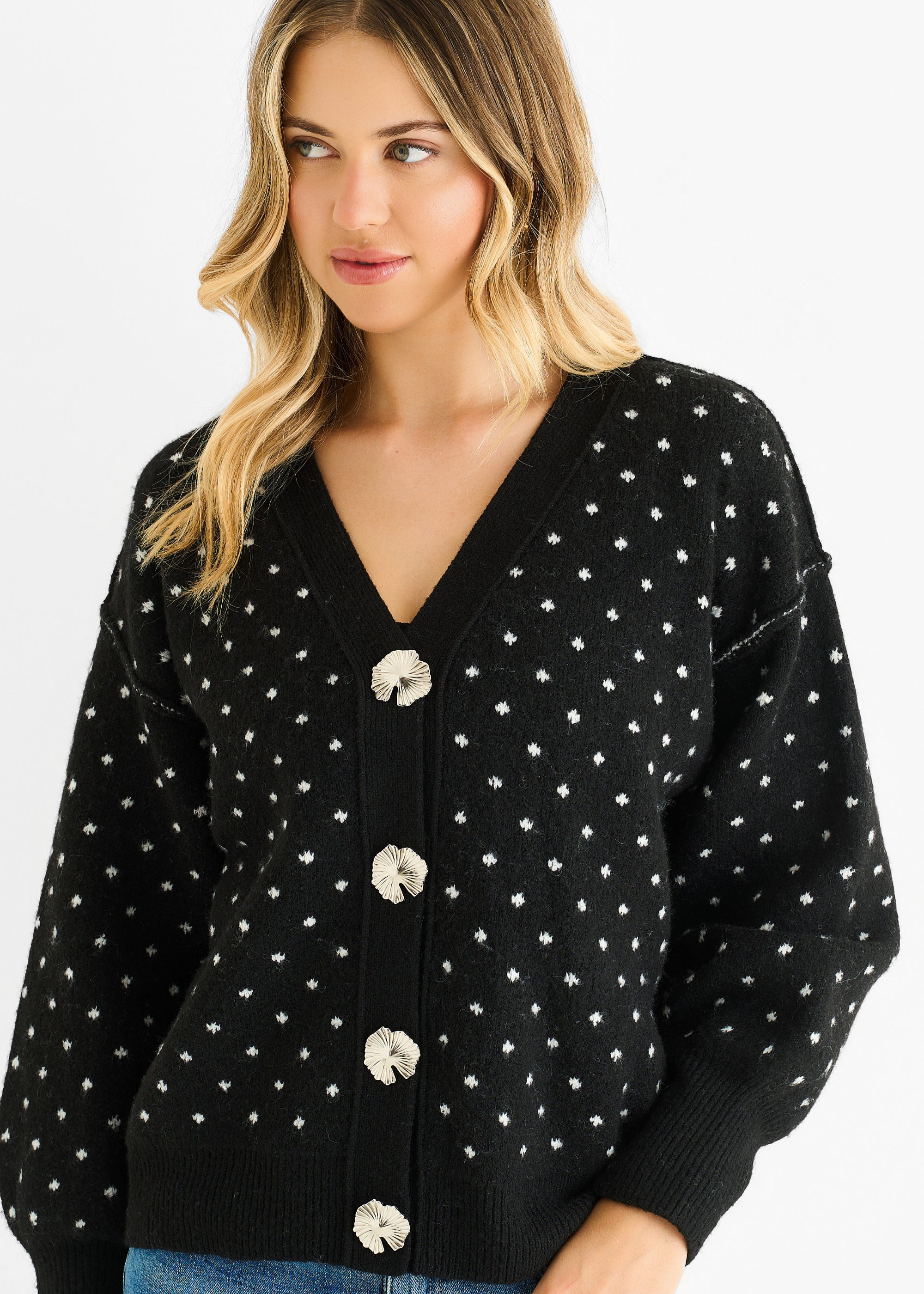 Black Spot Print Button Cardigan Look Jumper