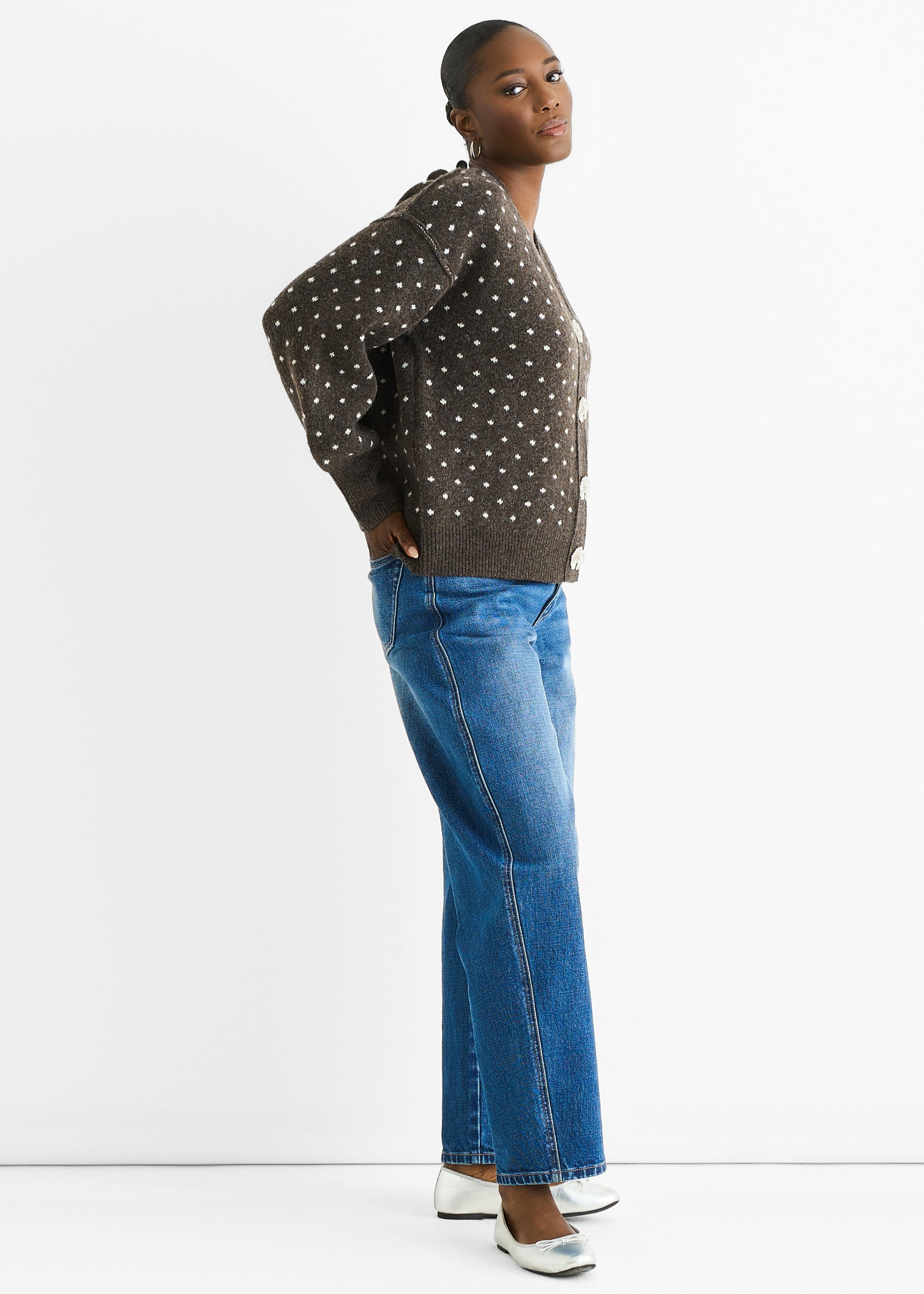 Chocolate Spot Print Button Cardigan Look Jumper