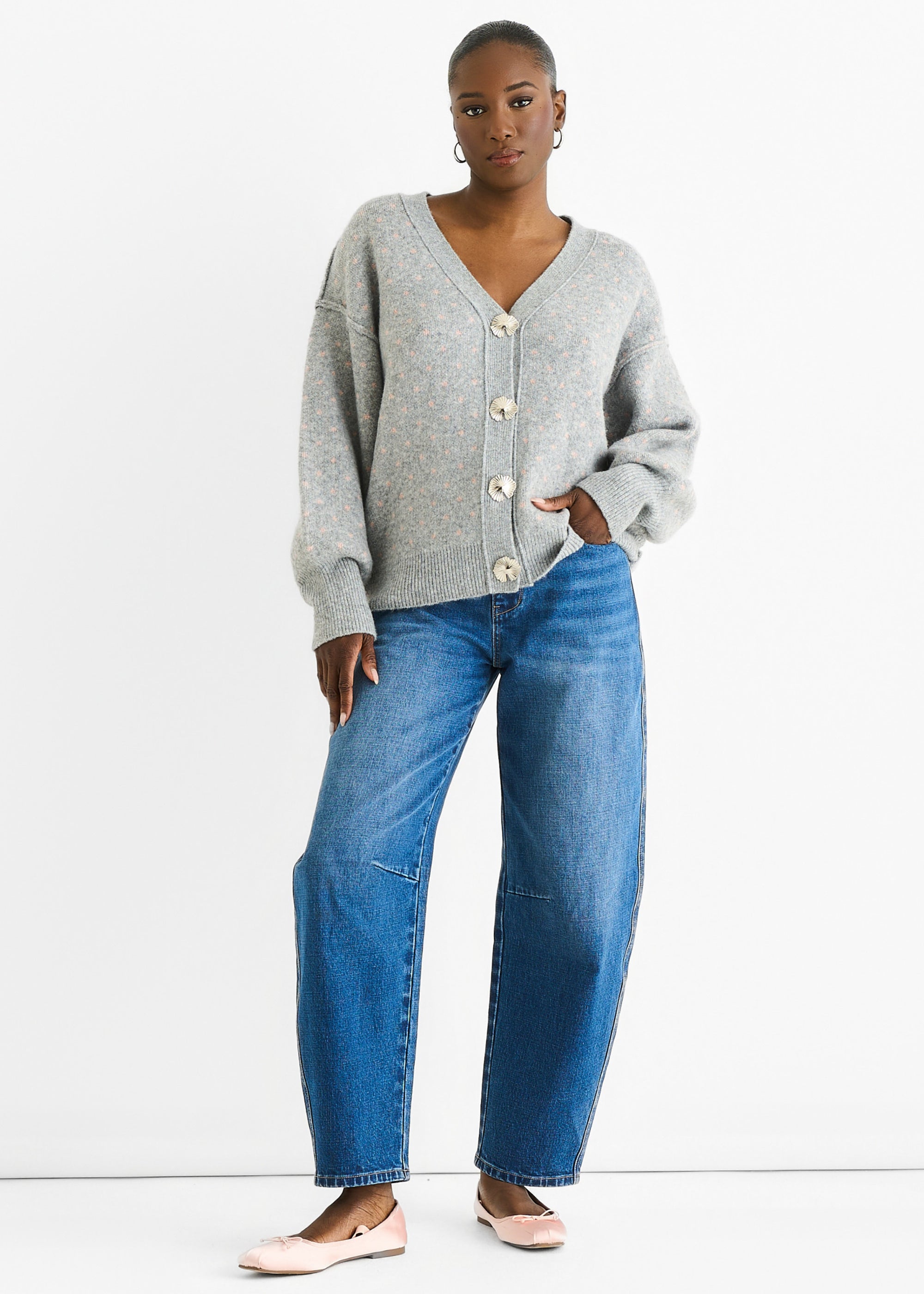 Grey Spot Print Button Cardigan Look Jumper