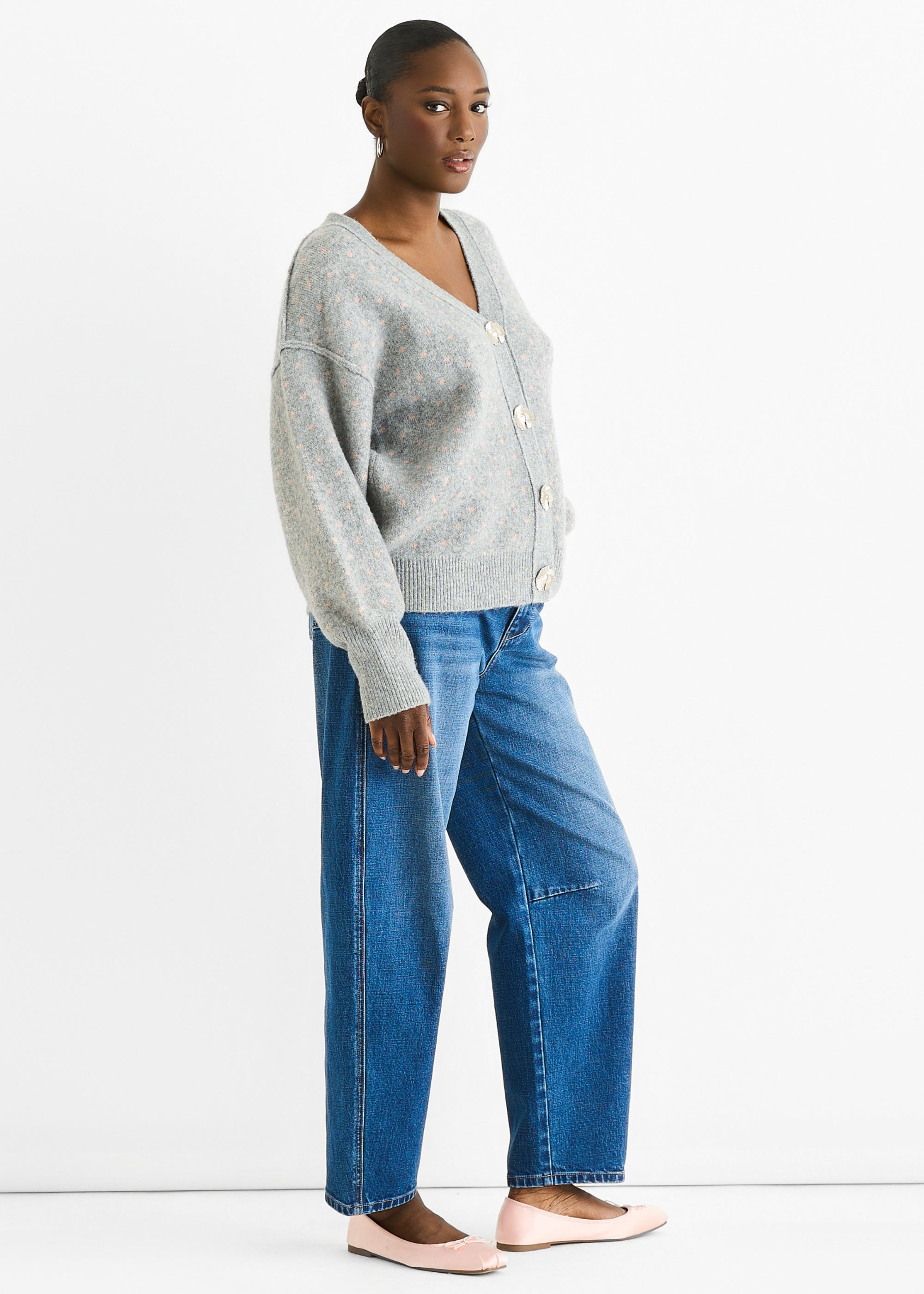 Grey Spot Print Button Cardigan Look Jumper