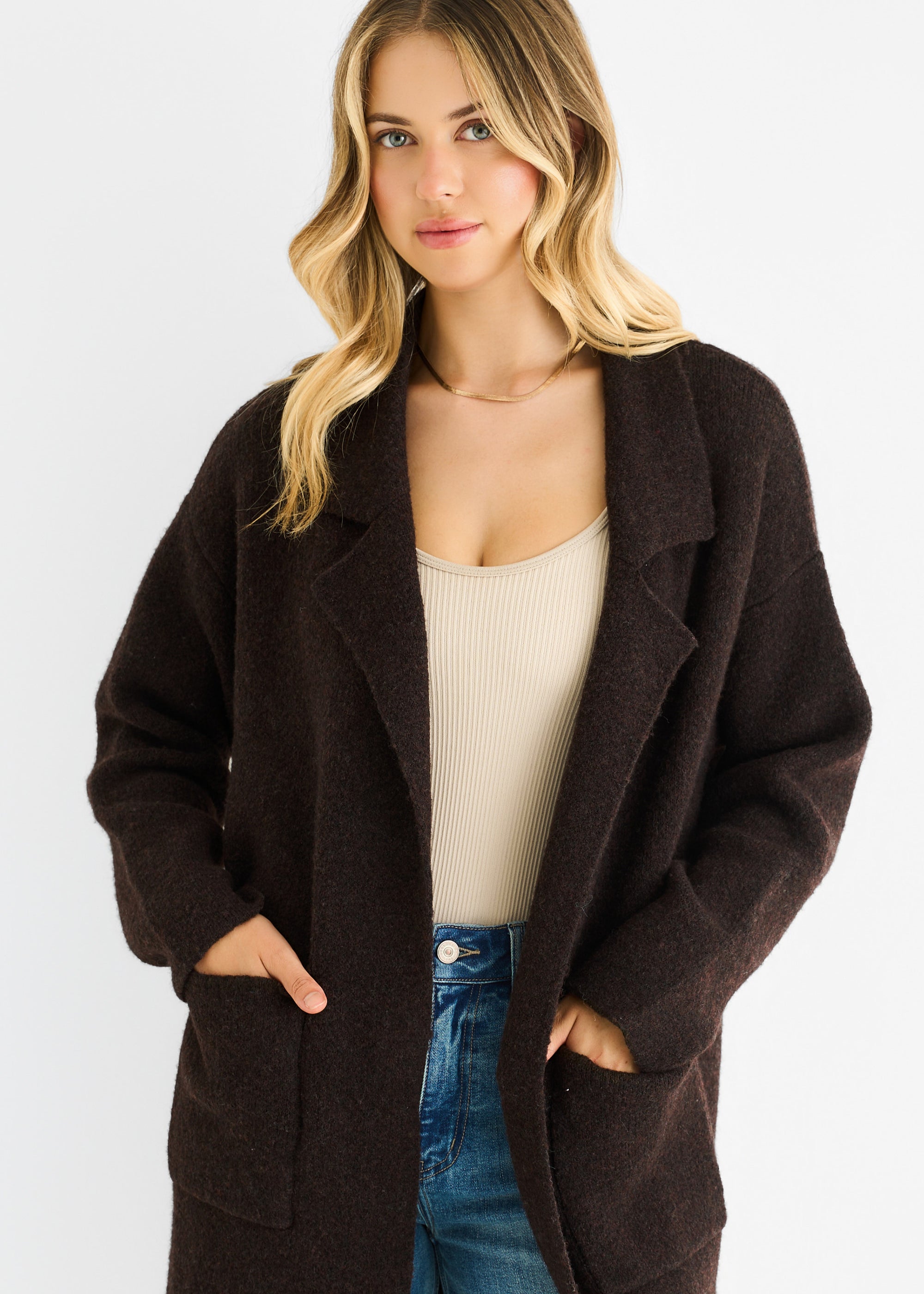 Chocolate Wool Mix Longline Edge to Edge Cardigan