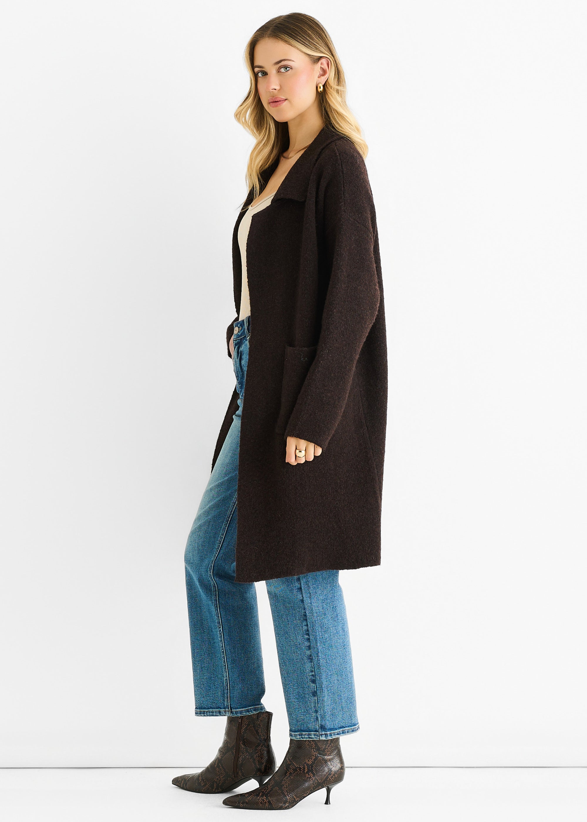 Chocolate Wool Mix Longline Edge to Edge Cardigan