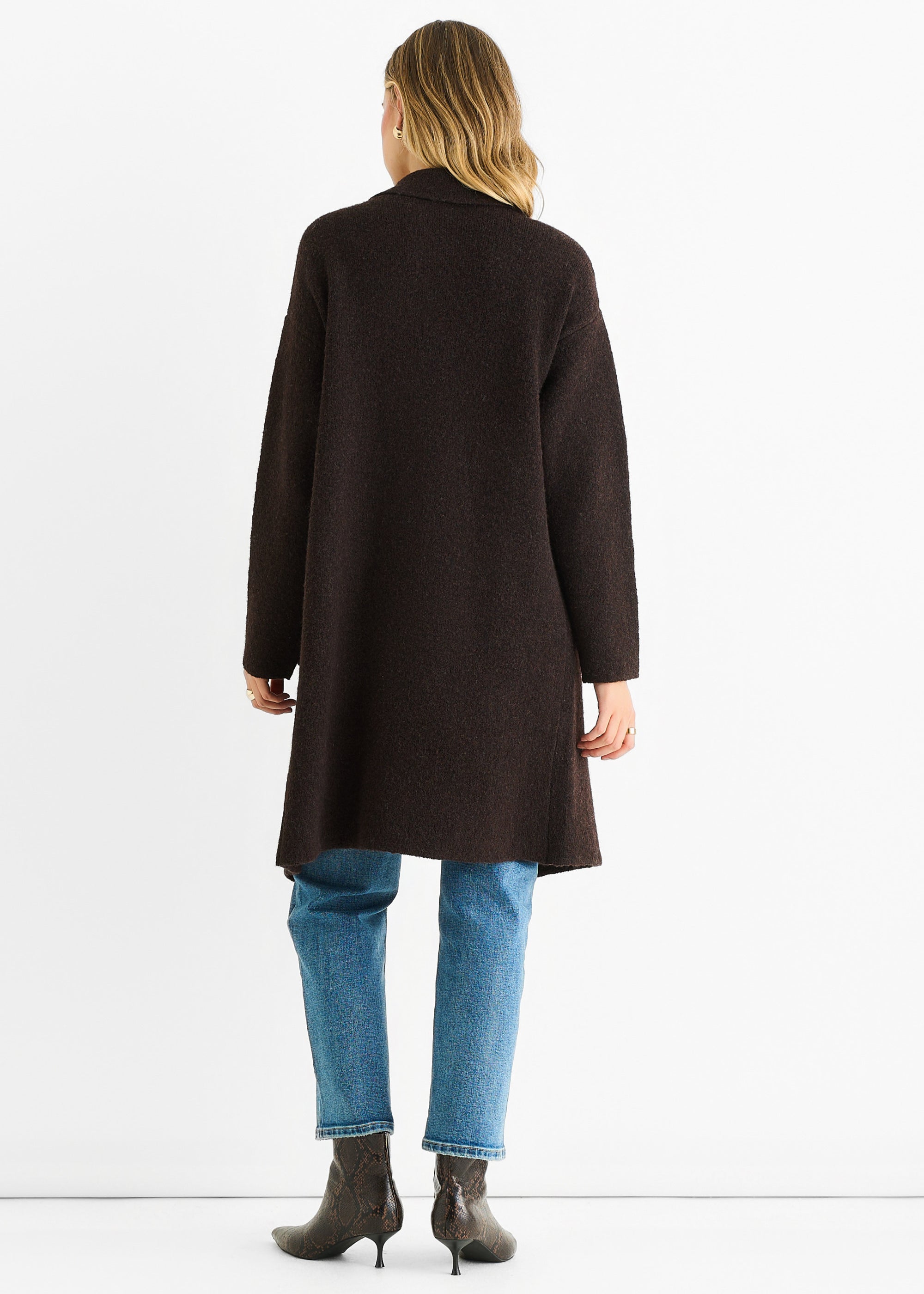 Chocolate Wool Mix Longline Edge to Edge Cardigan