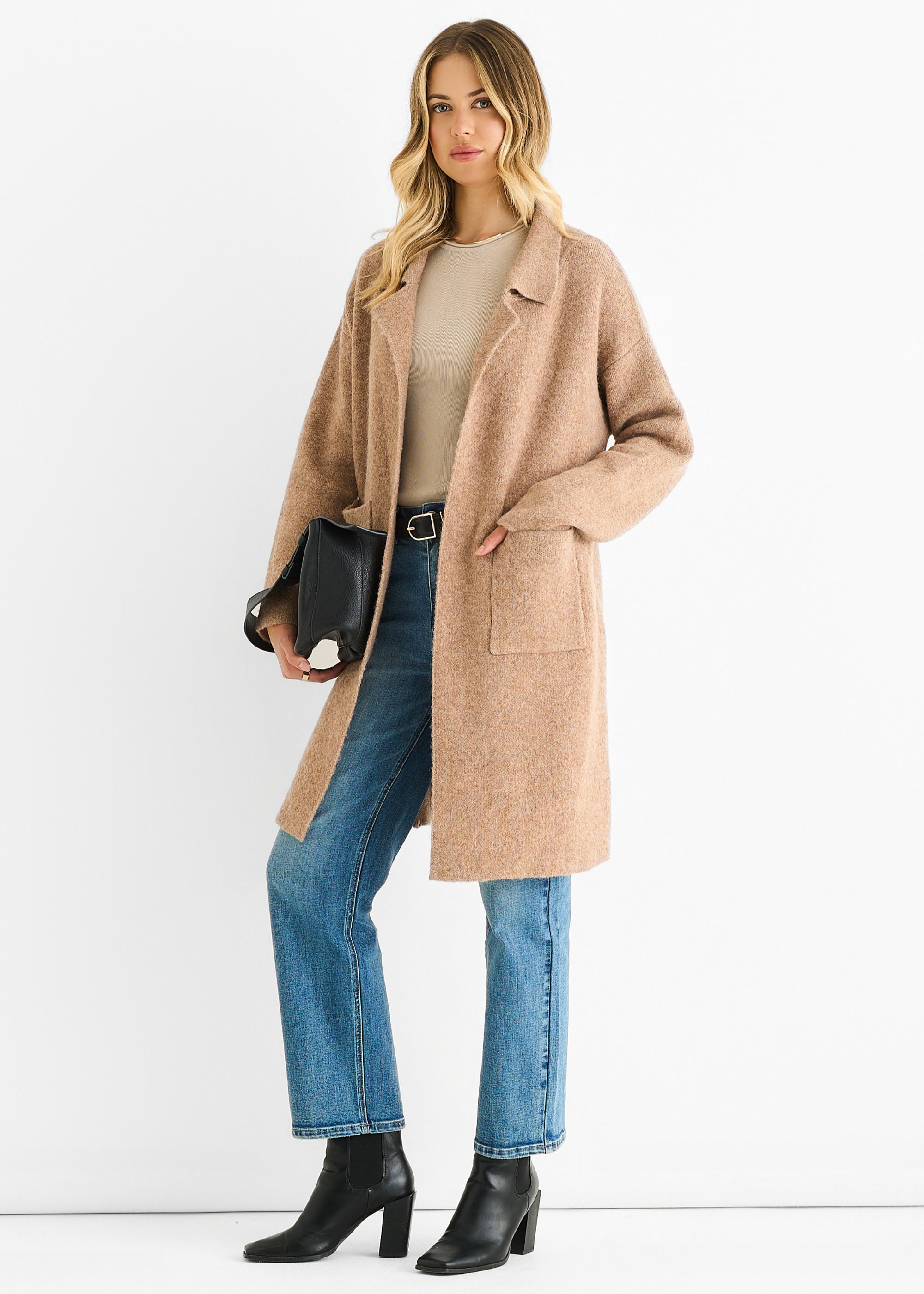 Brown Wool Mix Longline Edge to Edge Cardigan