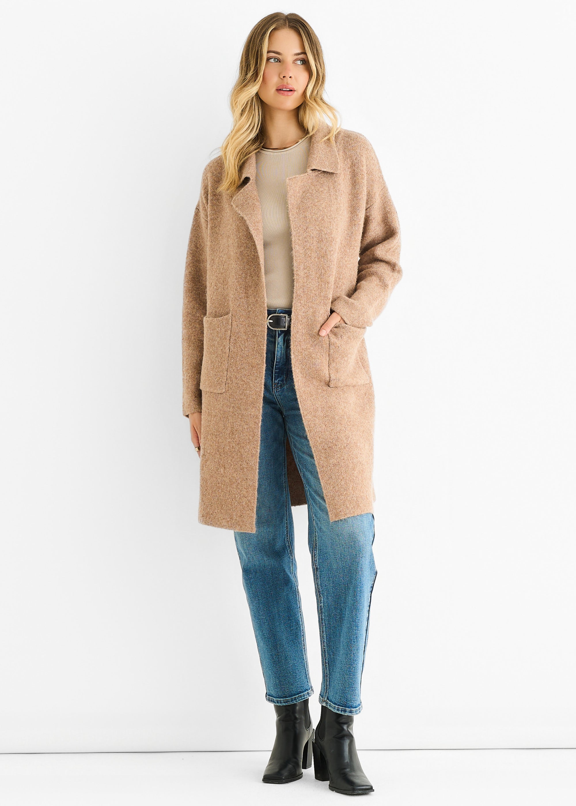 Brown Wool Mix Longline Edge to Edge Cardigan