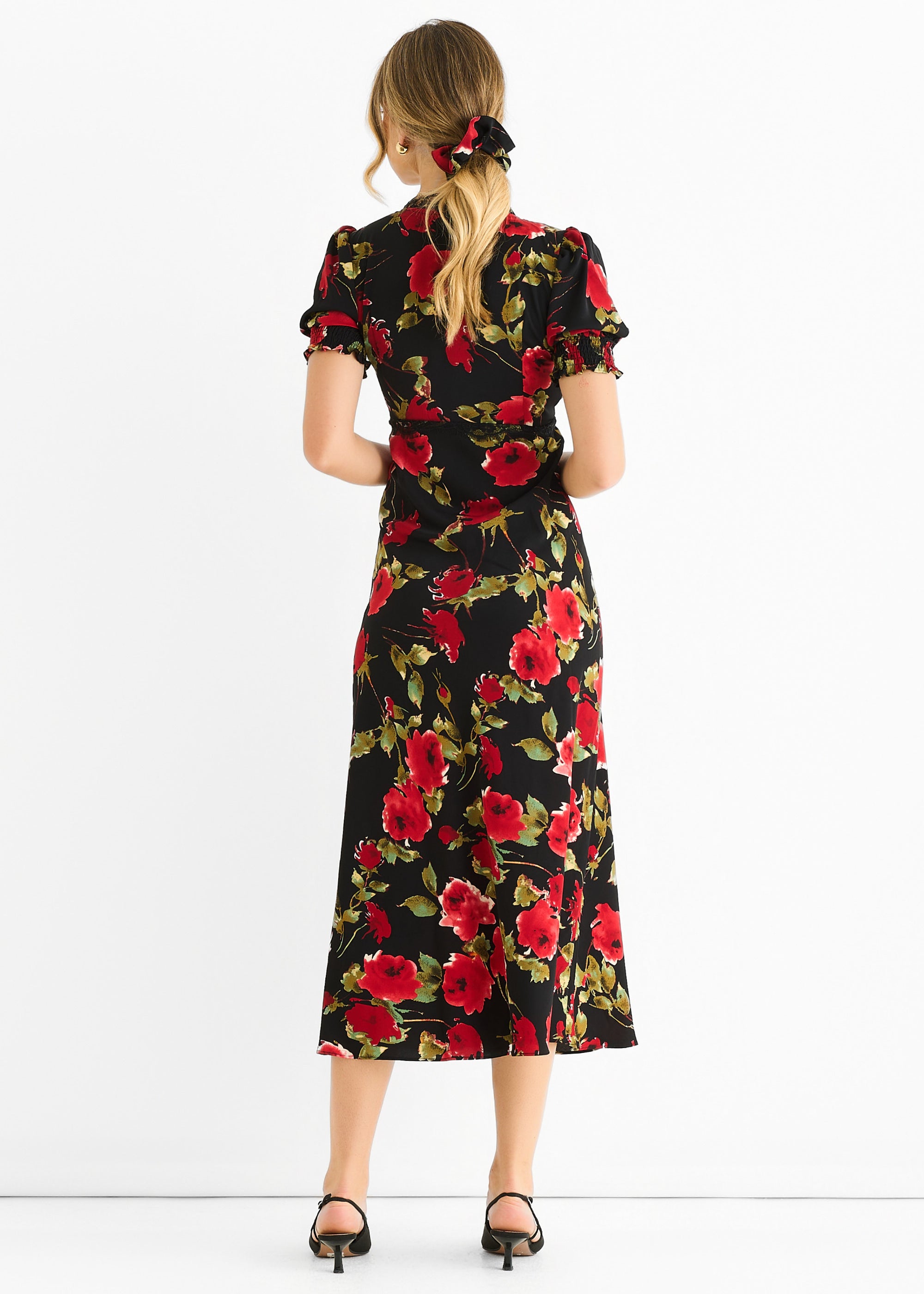 Black Floral Lace Trim Detail Midi Dress