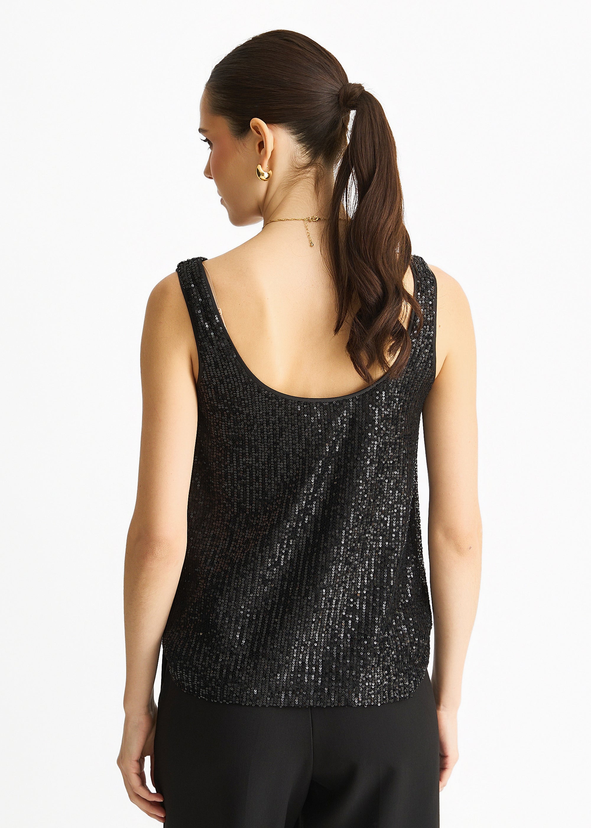 Black Sequin Cowl Neck Cami Top