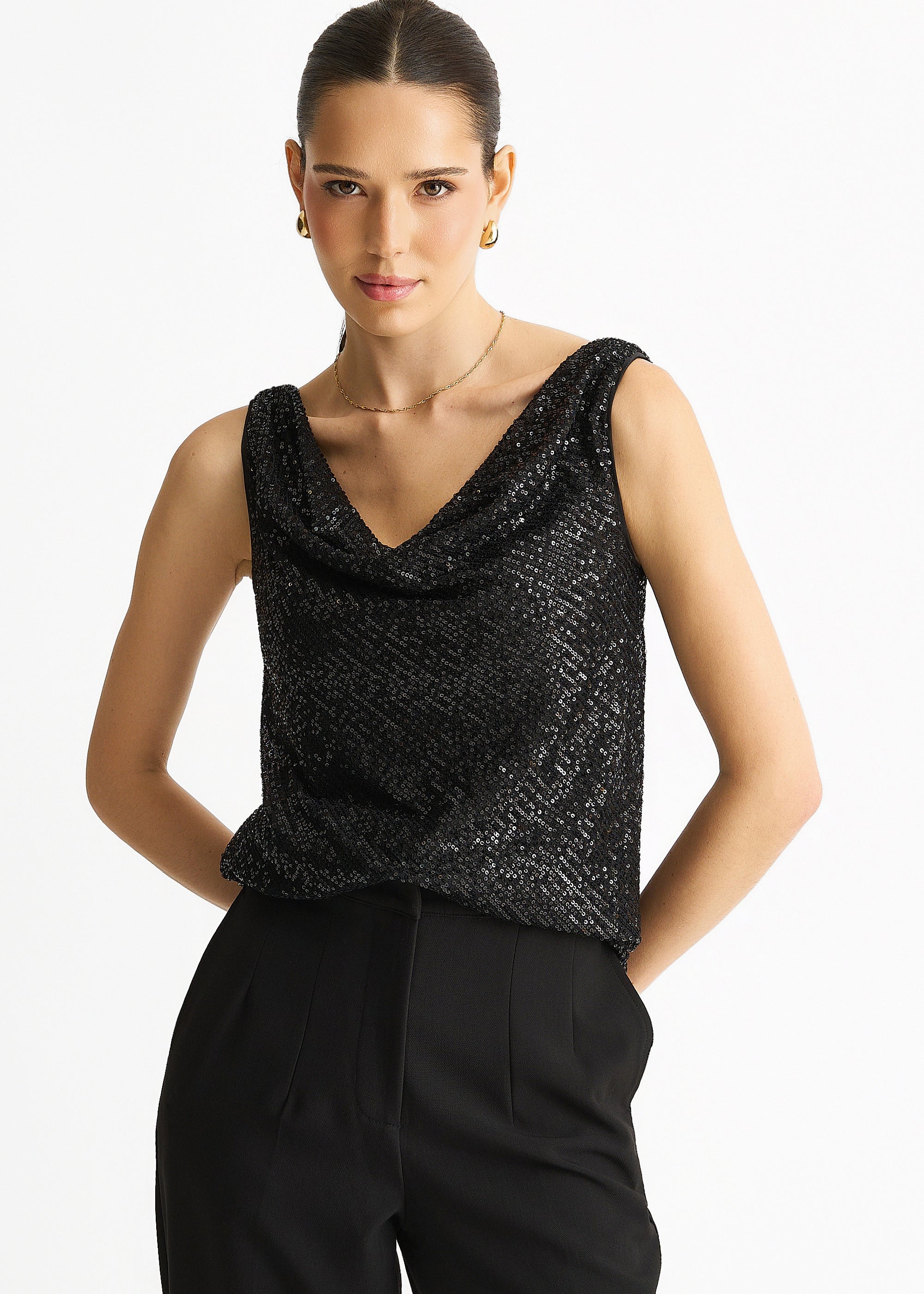 Black Sequin Cowl Neck Cami Top