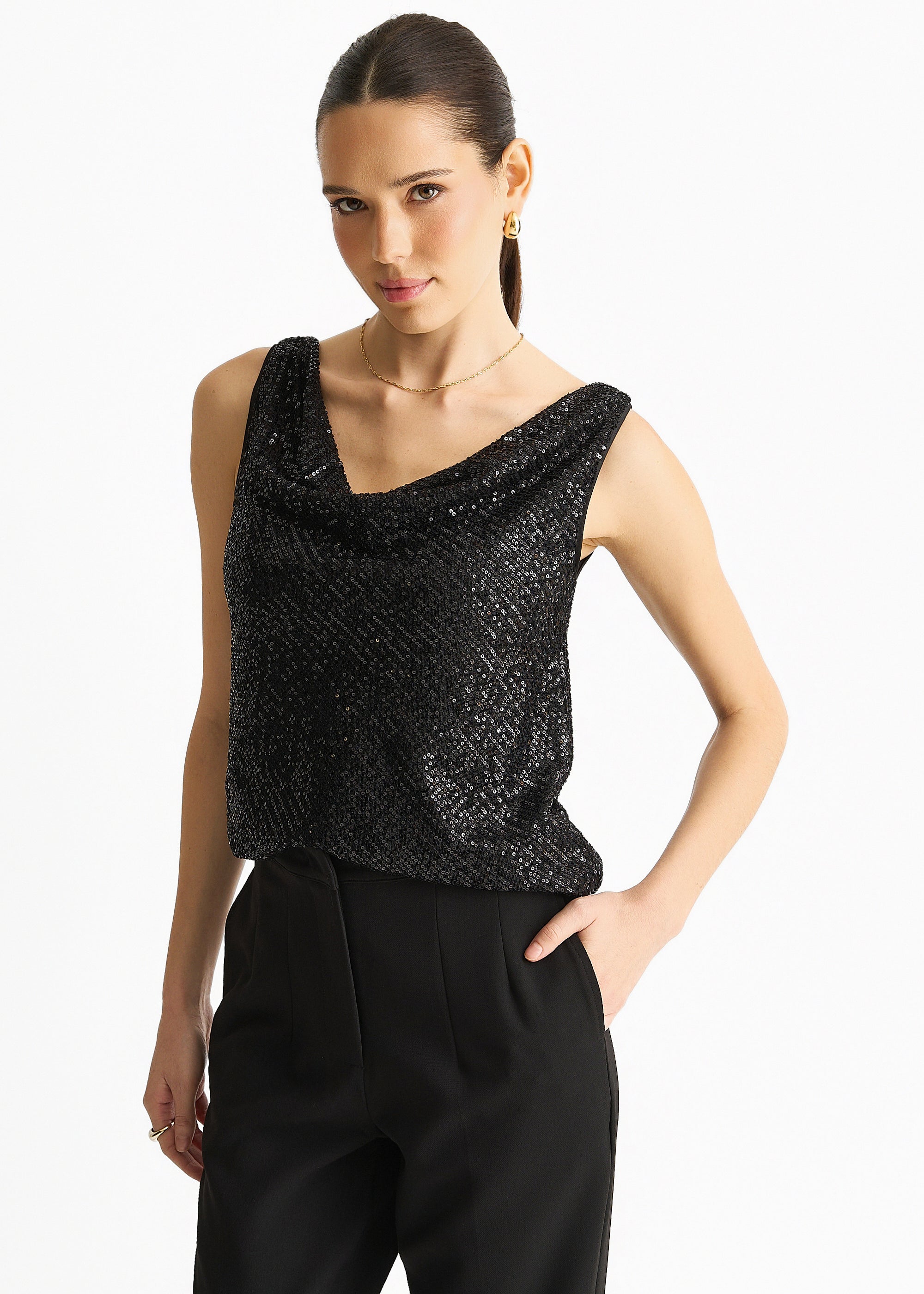 Black Sequin Cowl Neck Cami Top