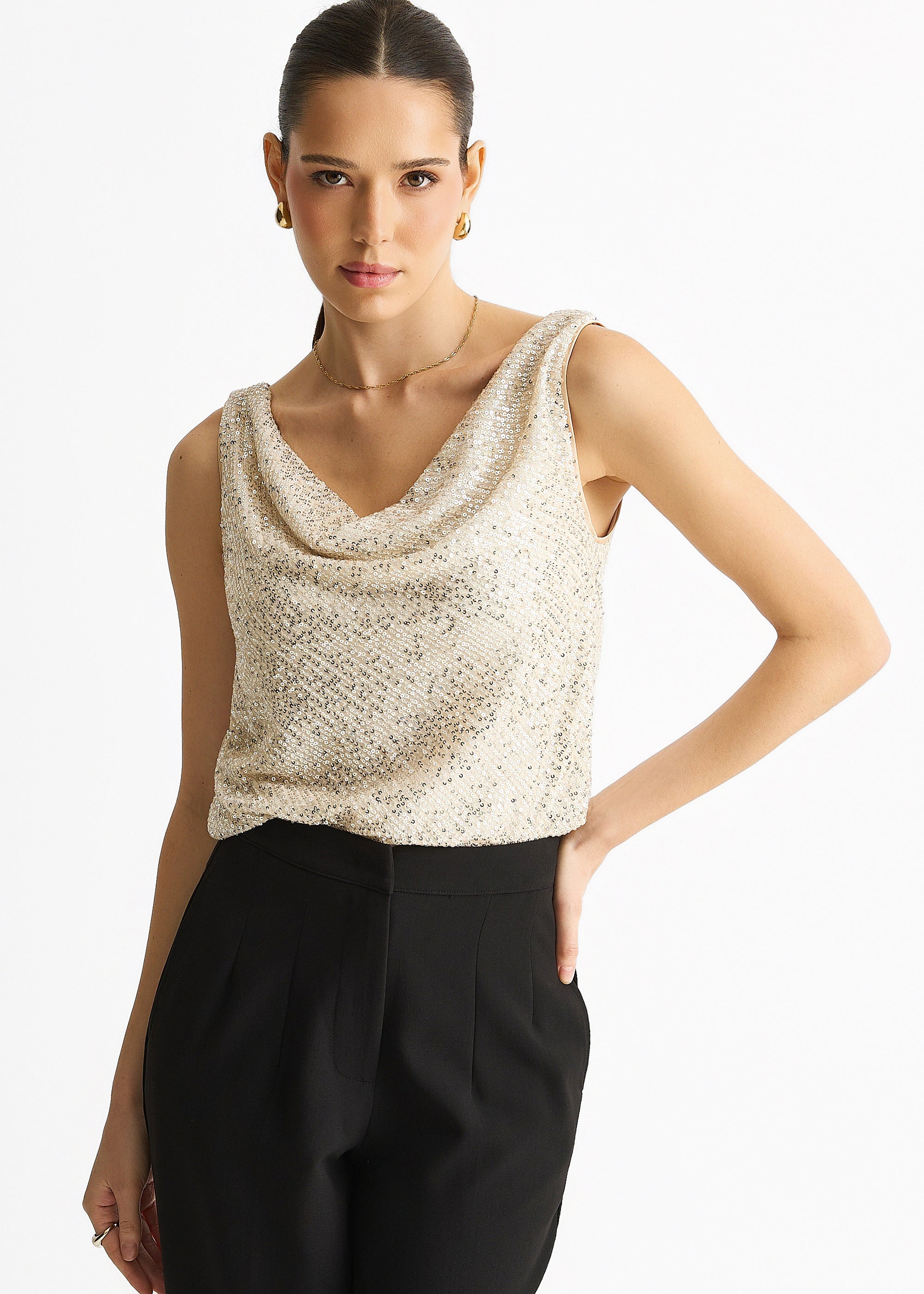 Champagne Sequin Cowl Neck Cami Top