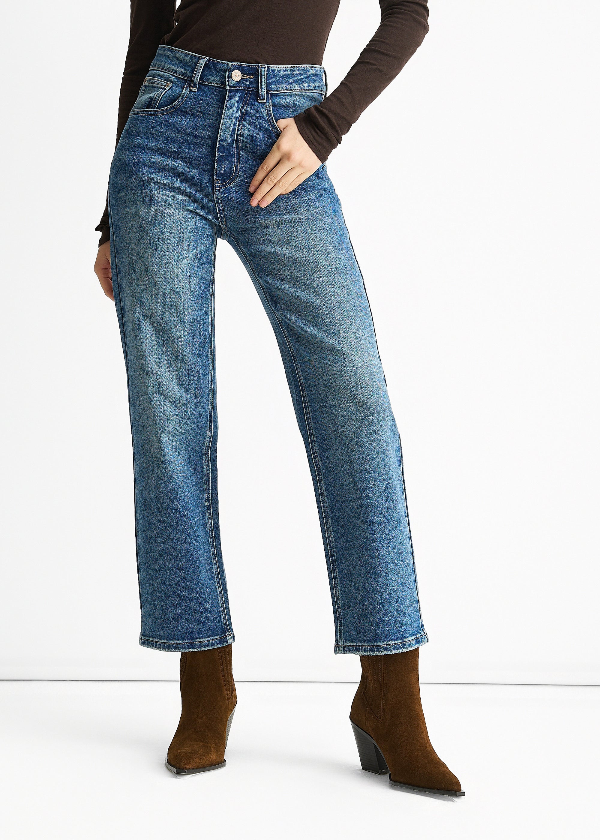 Blue Mid Rise Straight Leg Jeans