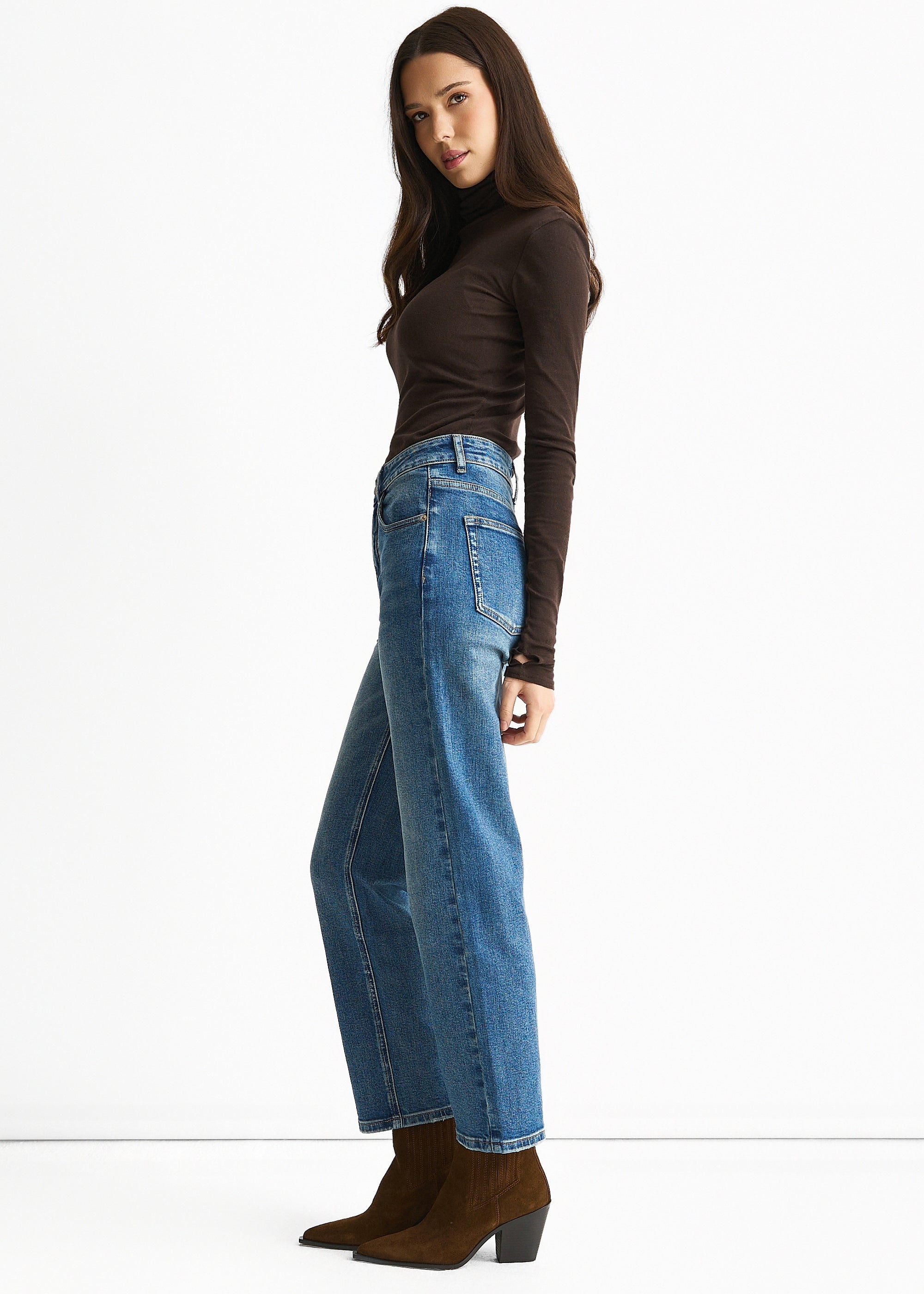 Blue Mid Rise Straight Leg Jeans