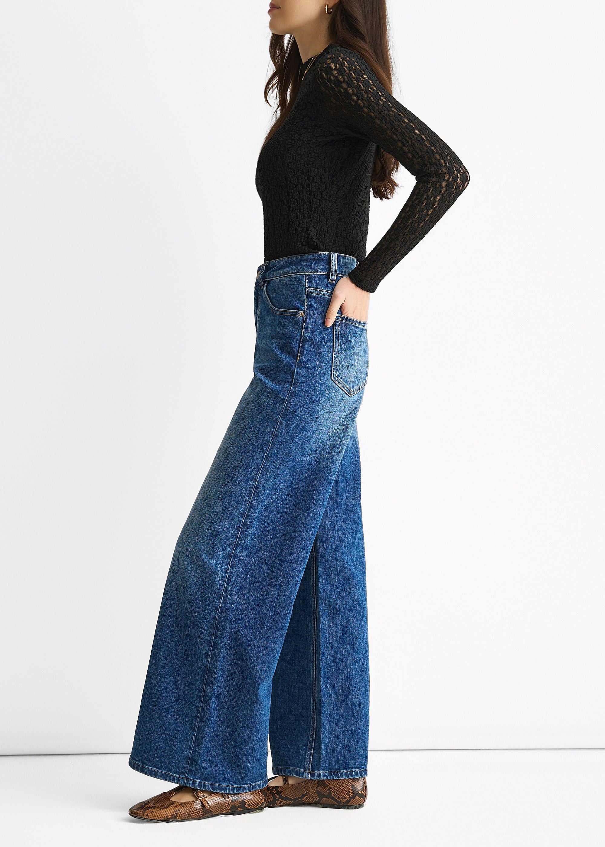 Blue Mid Rise Wide Leg Jeans