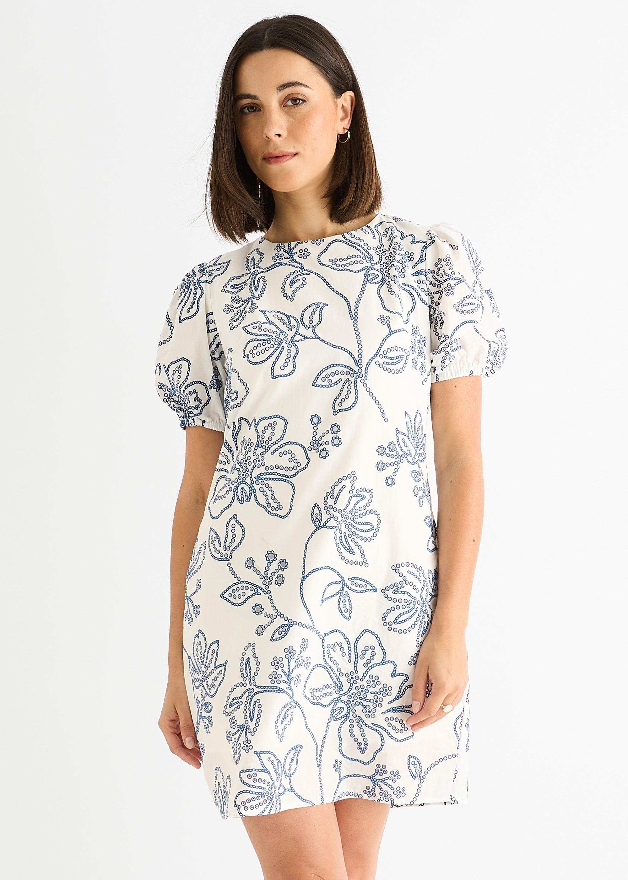 White Blue Floral Embroidered Mini Dress
